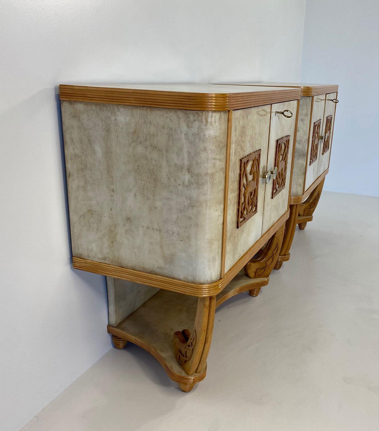 Brass Pair of Italian Art Deco Parchment and Maple Twin Cabinets, 1930s Attr. to Colli For Sale