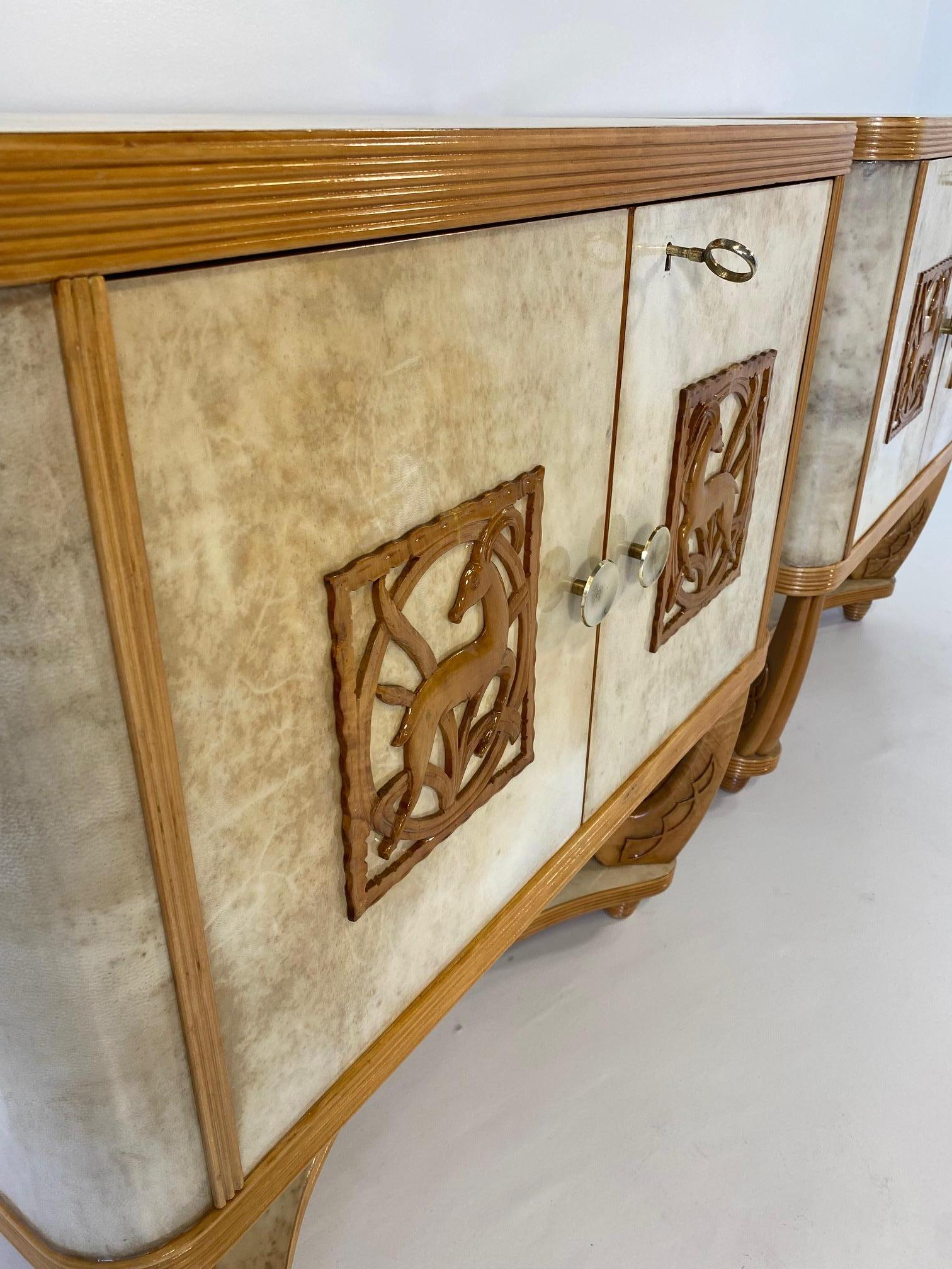 Pair of Italian Art Deco Parchment and Maple Twin Cabinets, 1930s Attr. to Colli 3