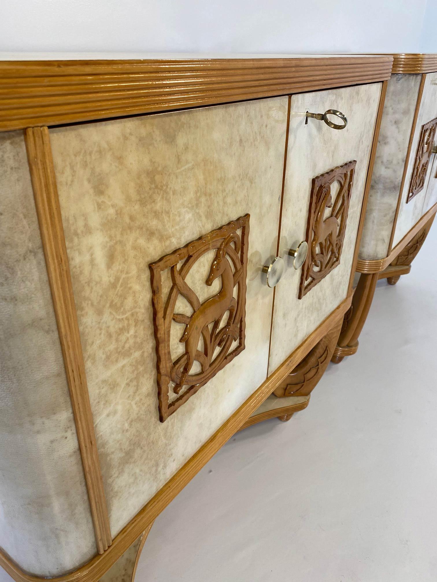 Pair of Italian Art Deco Parchment and Maple Twin Cabinets, 1930s Attr. to Colli For Sale 3