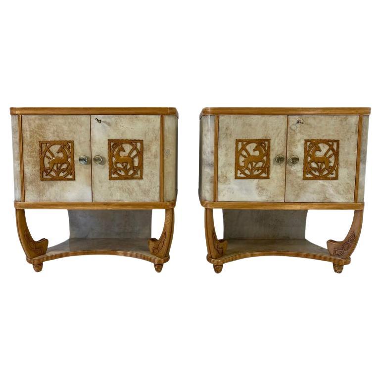 Pair of Italian Art Deco Parchment and Maple Twin Cabinets, 1930s Attr. to Colli For Sale