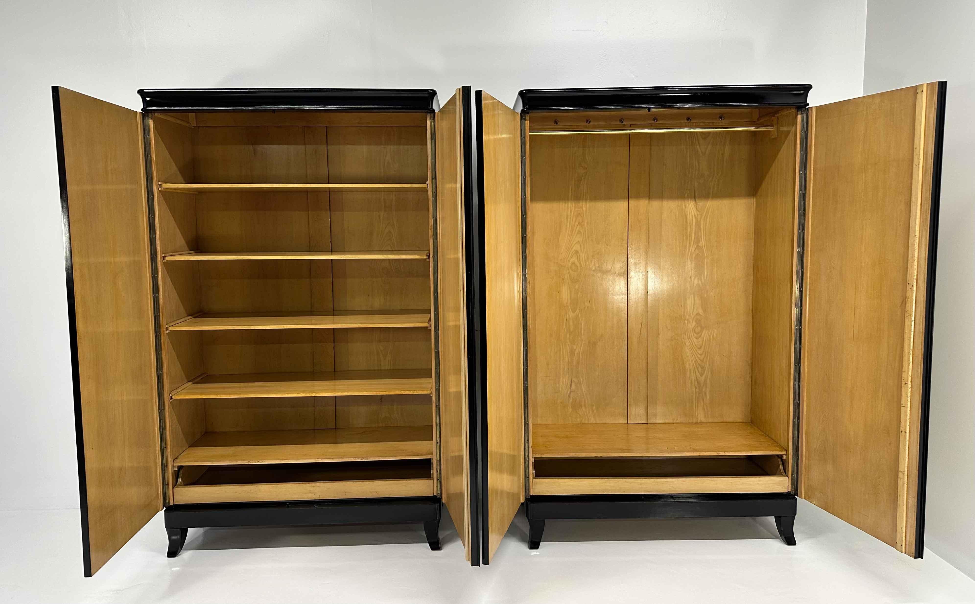 Pair of Italian Art Deco Parchment, Black and Gold Leaf Zodiac Armoires