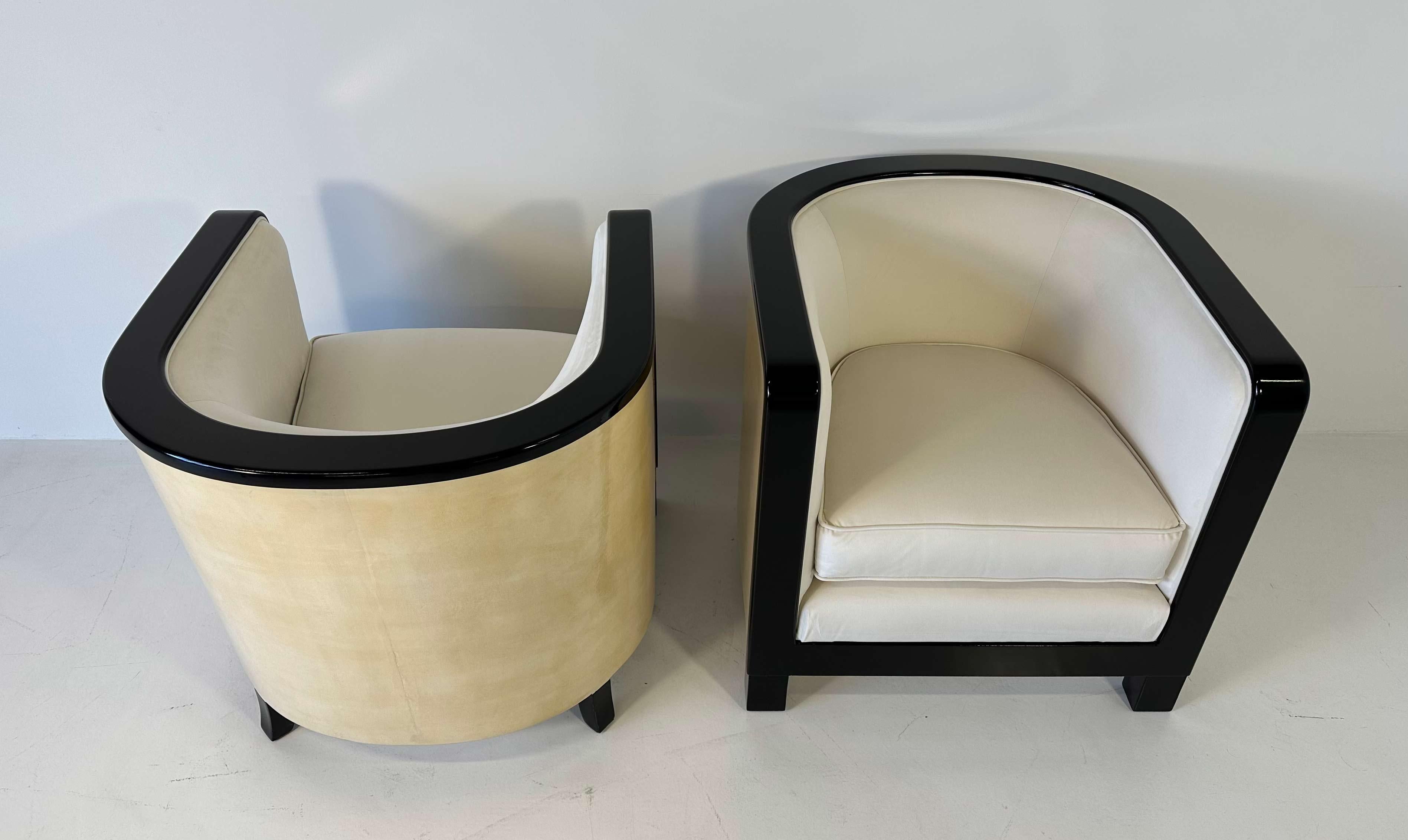 Late 20th Century Pair of Italian Art Deco Parchment, Cream Velvet and Black Lacquered Armchairs