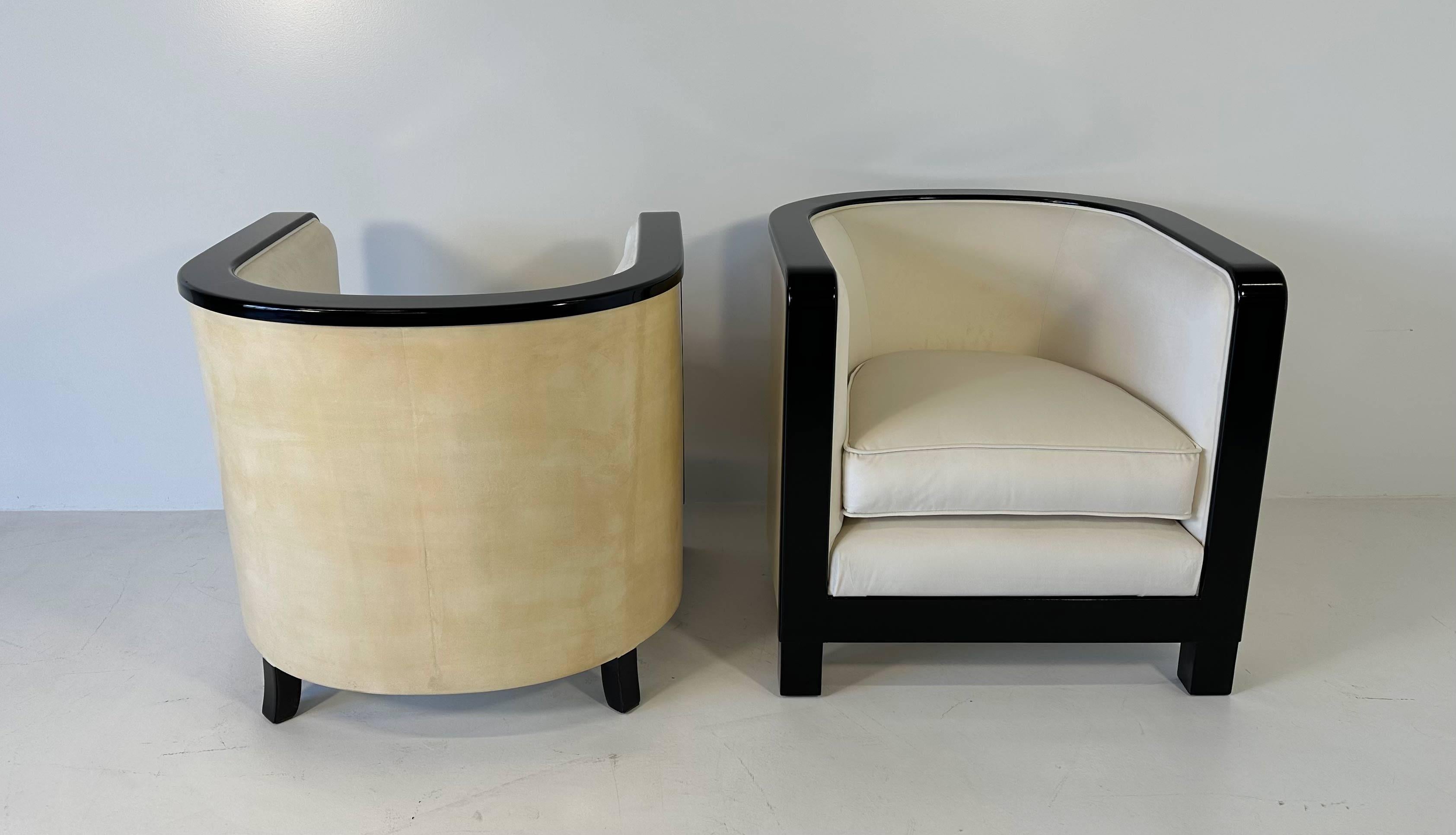 Late 20th Century Pair of Italian Art Deco Parchment, Cream Velvet and Black Lacquered Armchairs For Sale