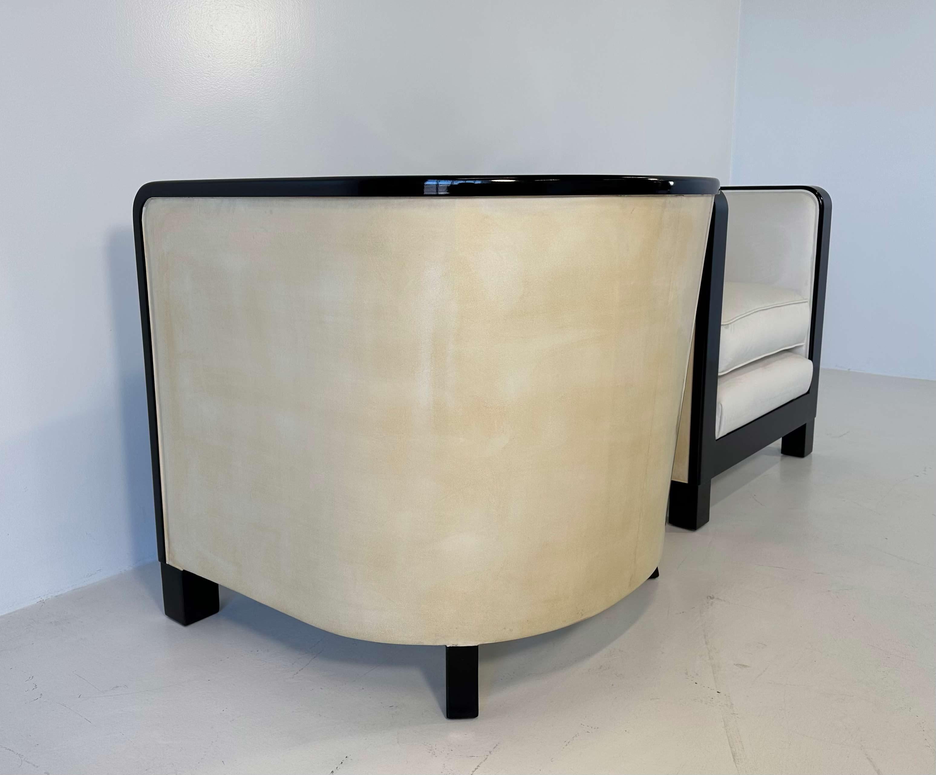 Pair of Italian Art Deco Parchment, Cream Velvet and Black Lacquered Armchairs For Sale 3