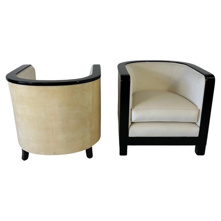 Pair of Italian Art Deco Parchment, Cream Velvet and Black Lacquered Armchairs For Sale