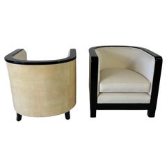 Used Pair of Italian Art Deco Parchment, Cream Velvet and Black Lacquered Armchairs