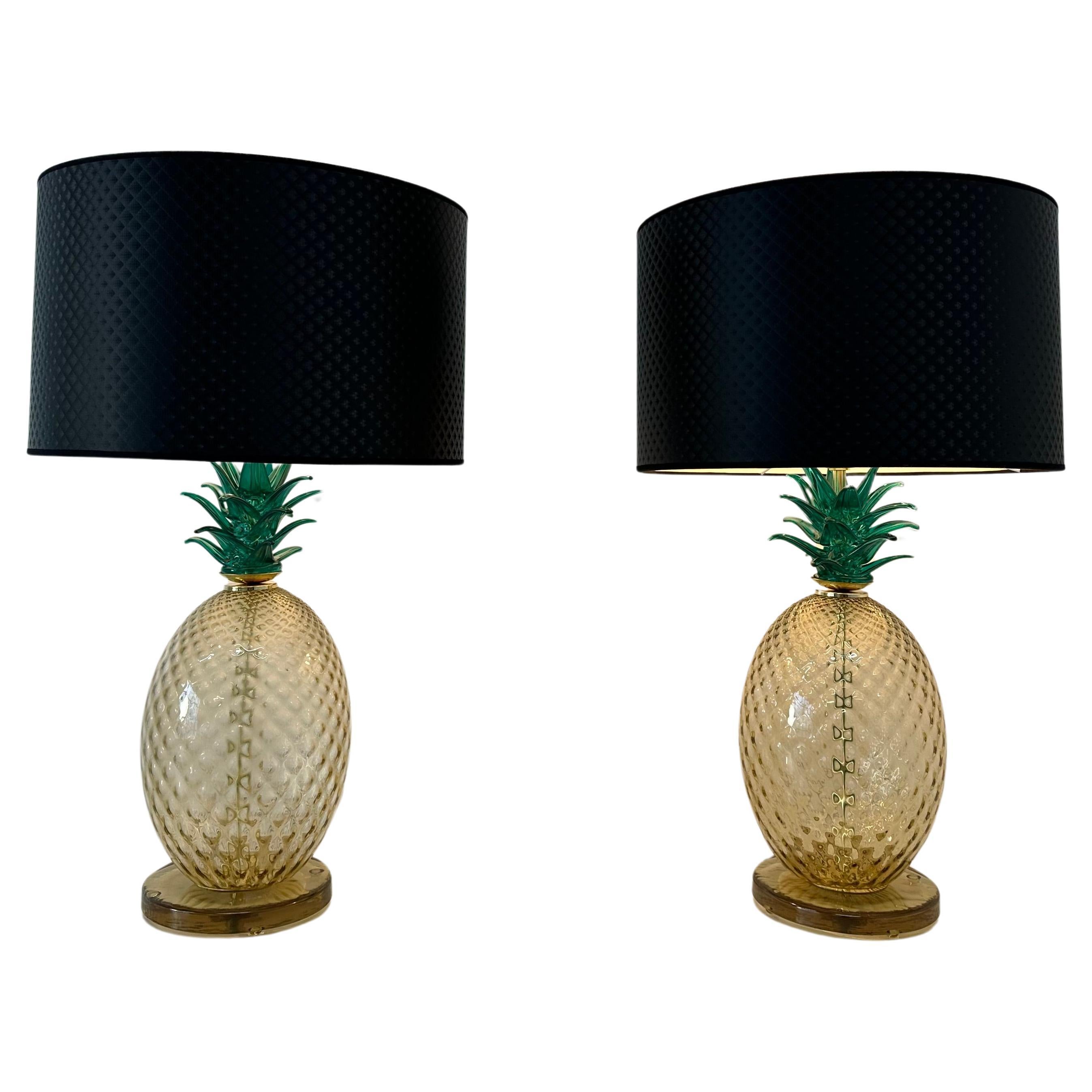 Pair of Italian Art Deco Pineapple Murano Glass Lamps with Lampshades 