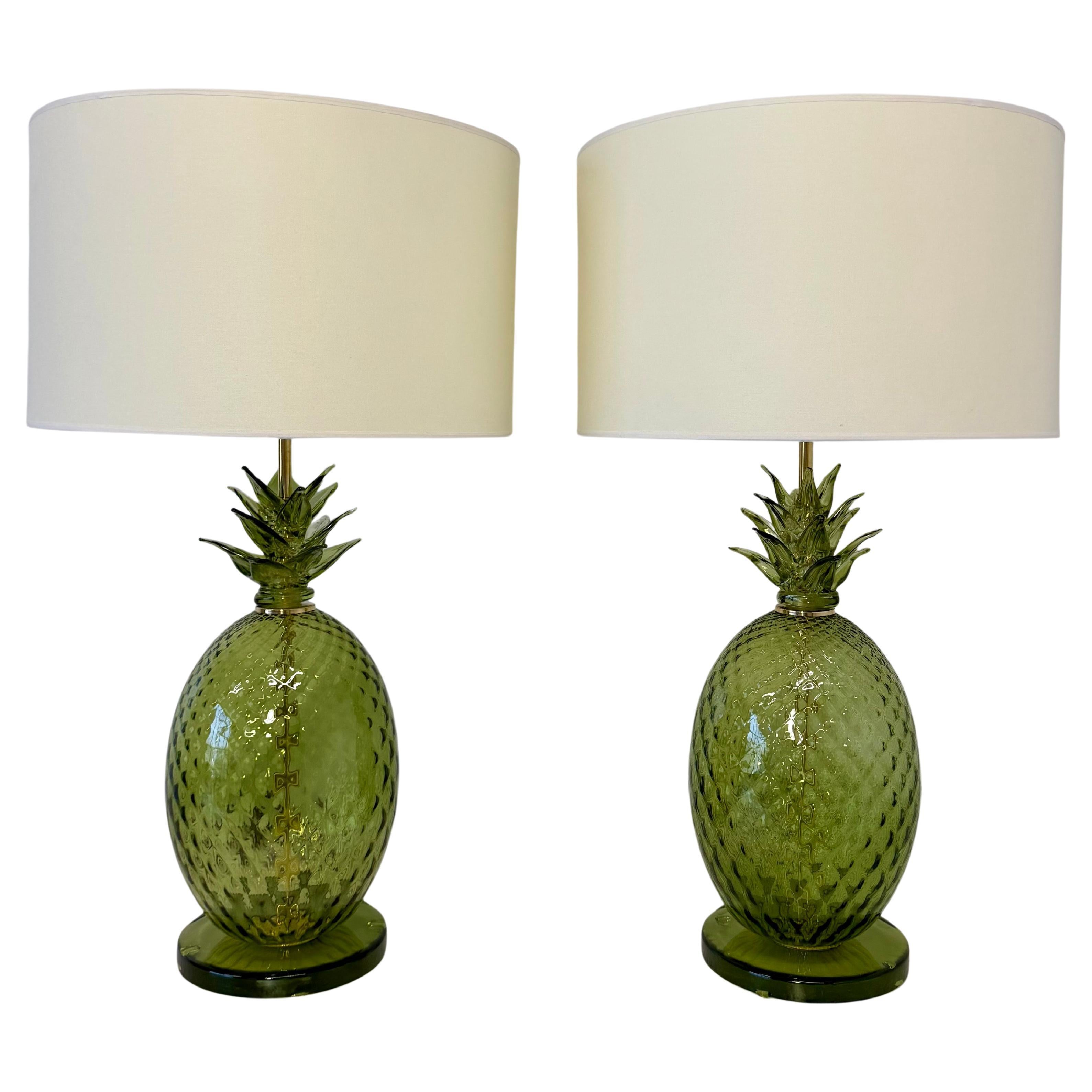 Paar italienische Art Deco Ananas Murano Glas Lampen mit Lampenschirmen