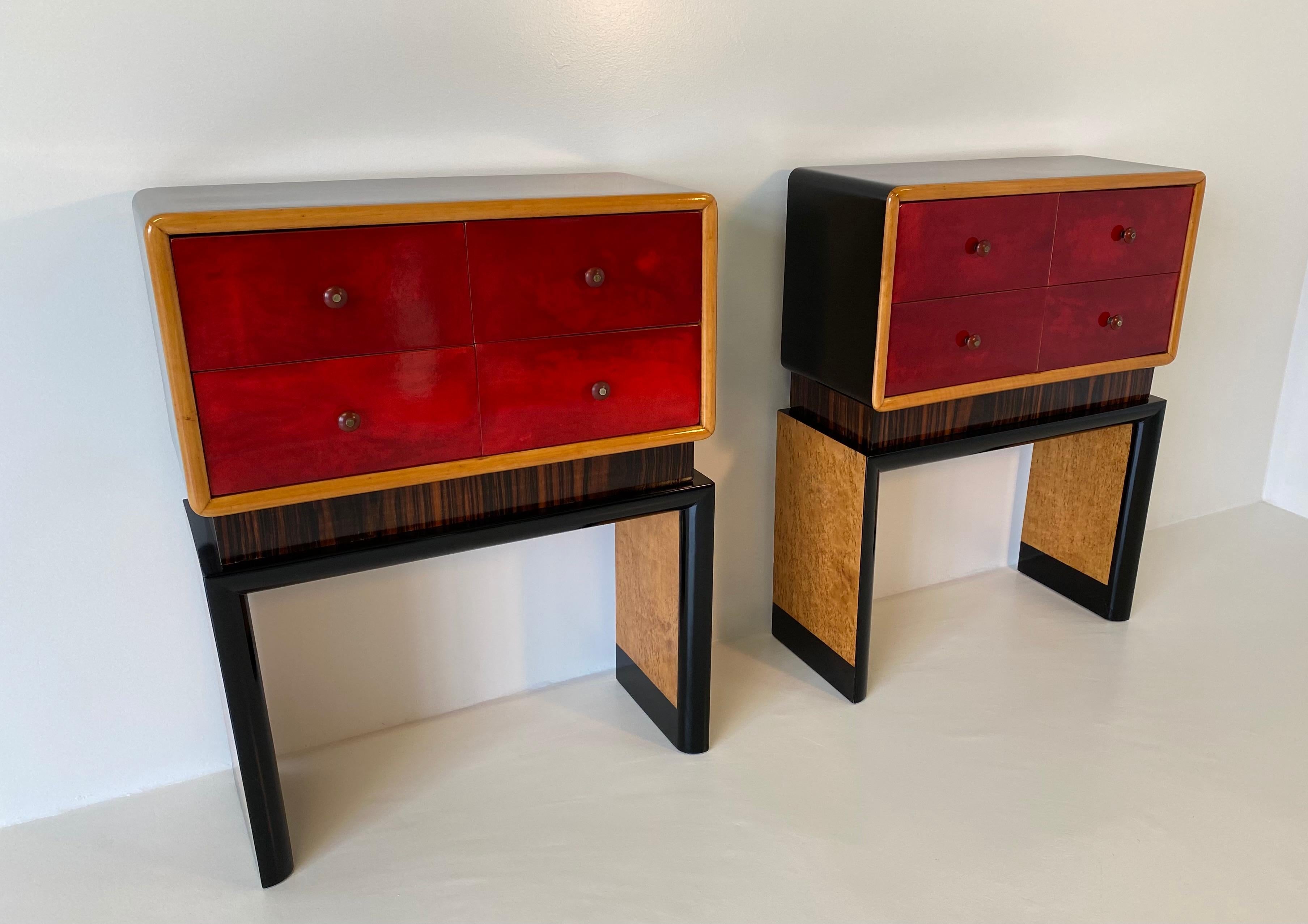 Pair of Italian Art Deco Red Parchment Dresser, 1950s In Good Condition In Meda, MB