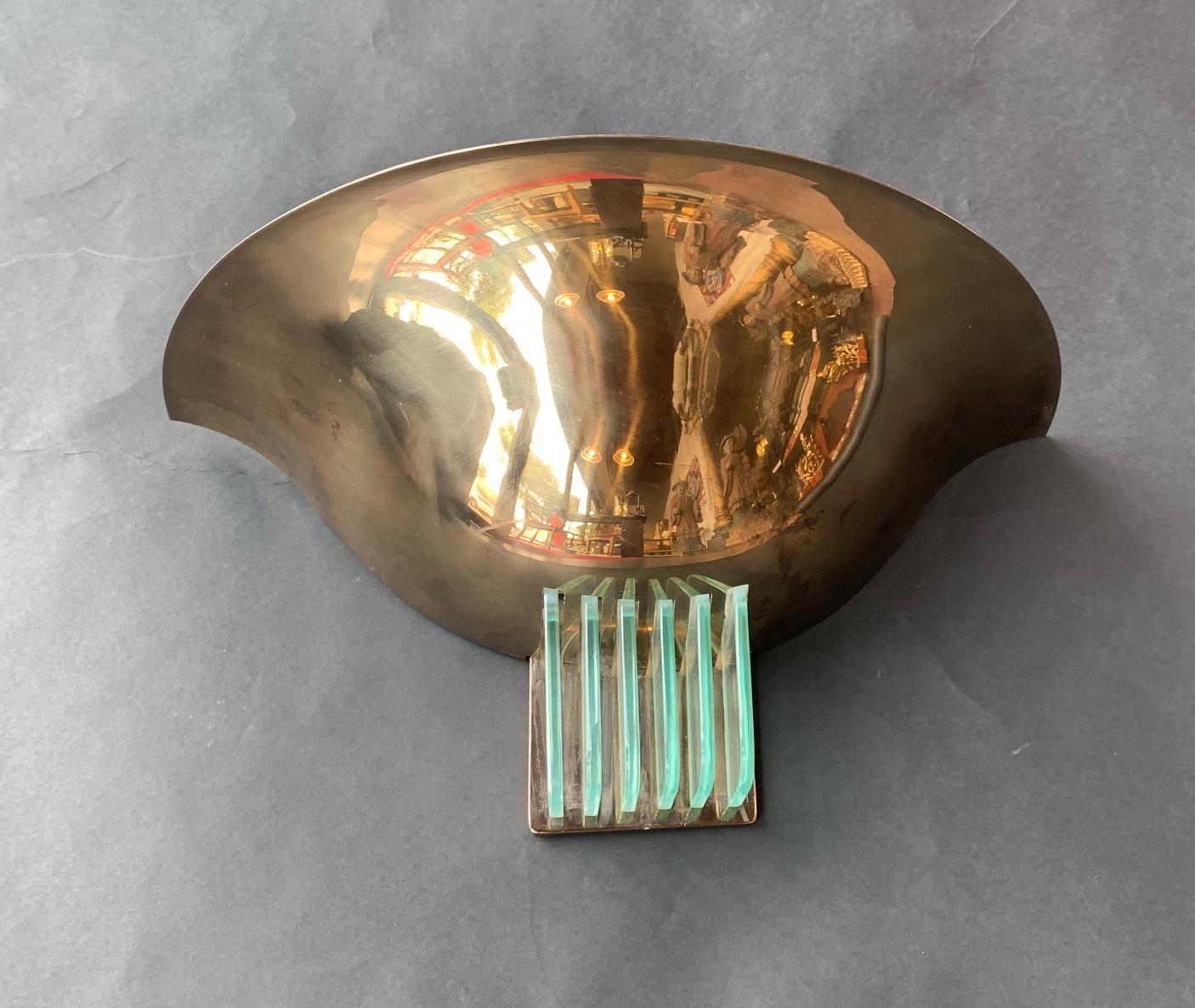 Pair of Italian Art Deco sconces with brass and glass, Italy, 1950s.