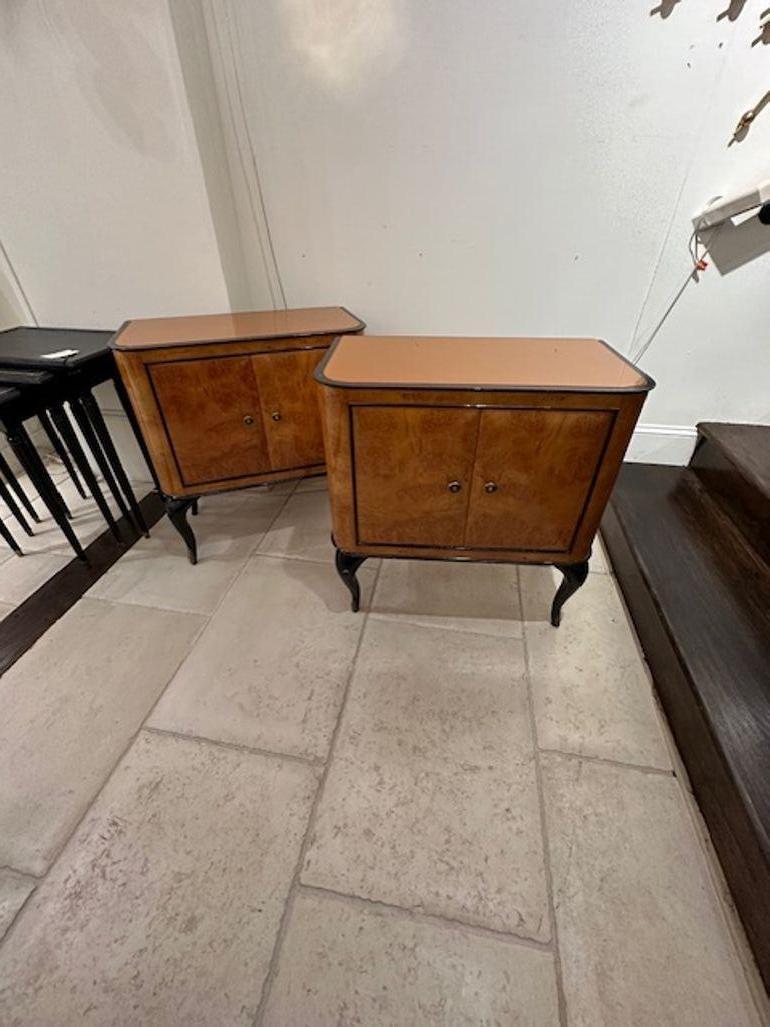 Great pair of Italian Art Deco maple and ebonized side tables. Circa 1920. Adds warmth and charm to any room!