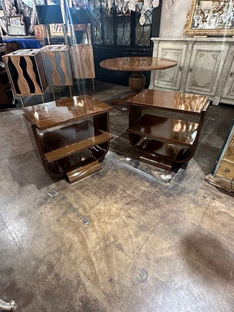 Pair of Italian Art Deco style oak side tables. Circa 2000. Perfect for today's transitional designs!