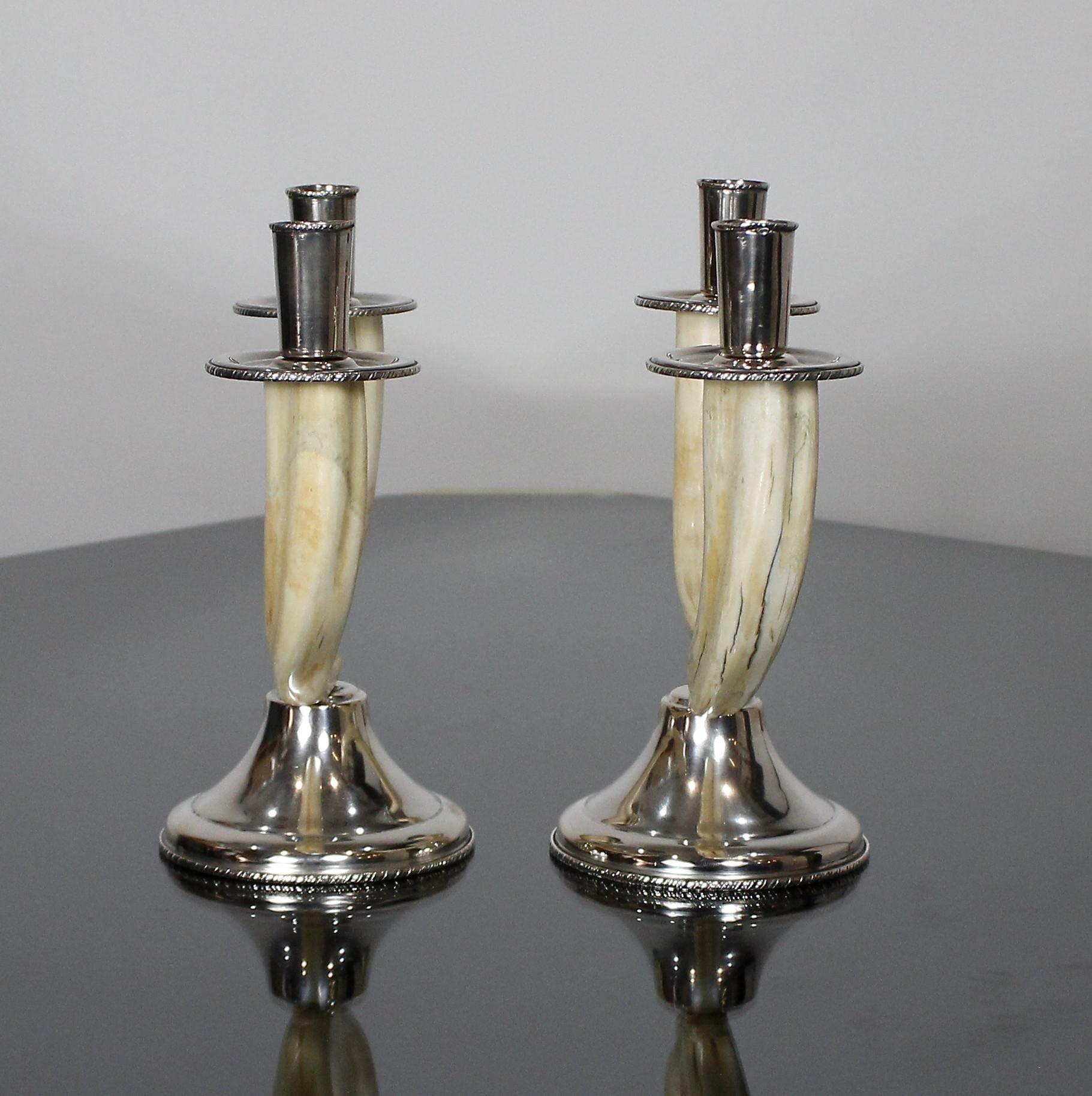 Pair of Italian Art Deco Silver Bone Candlesticks In Good Condition In Carpi, Modena