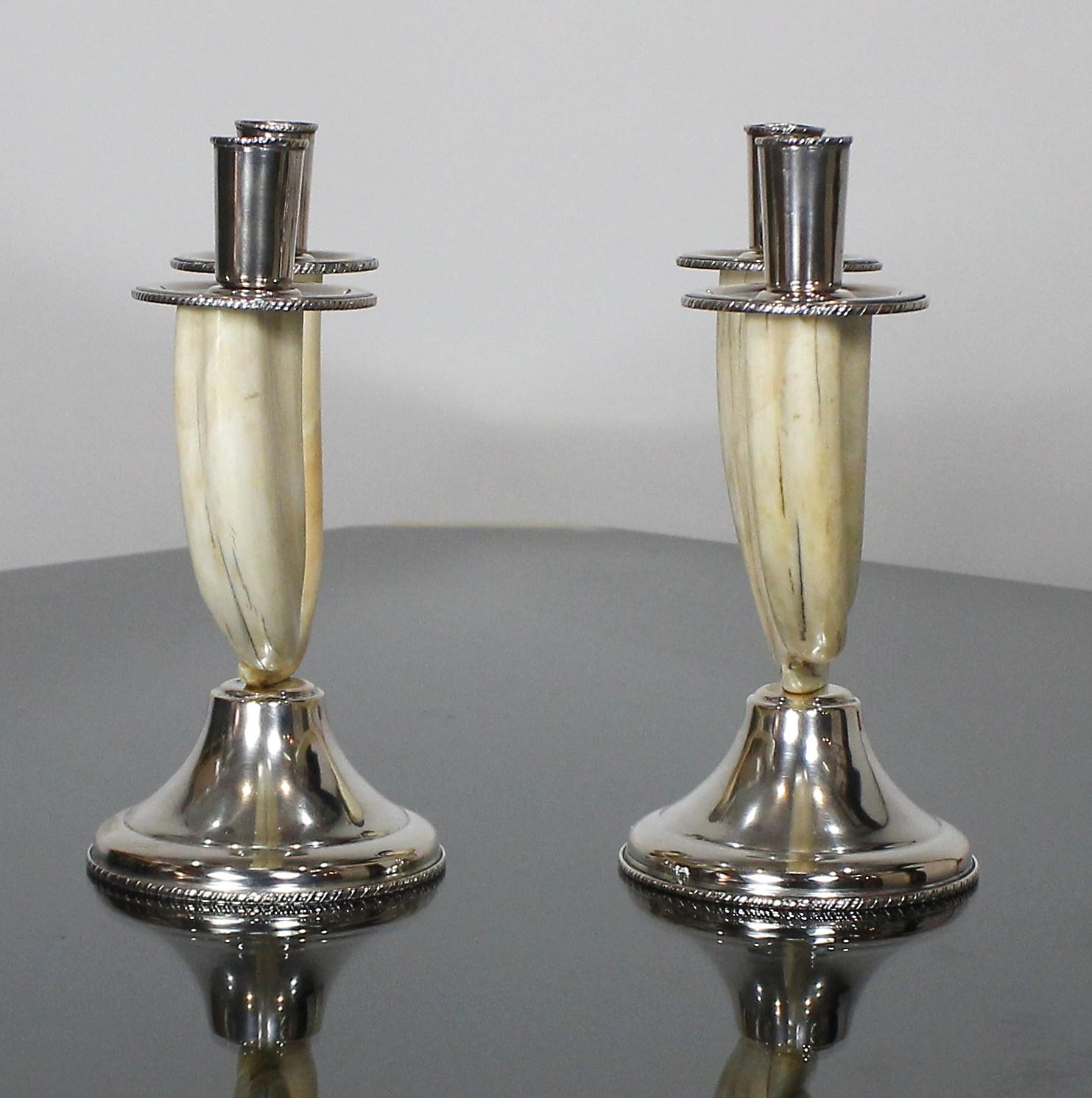Mid-20th Century Pair of Italian Art Deco Silver Bone Candlesticks