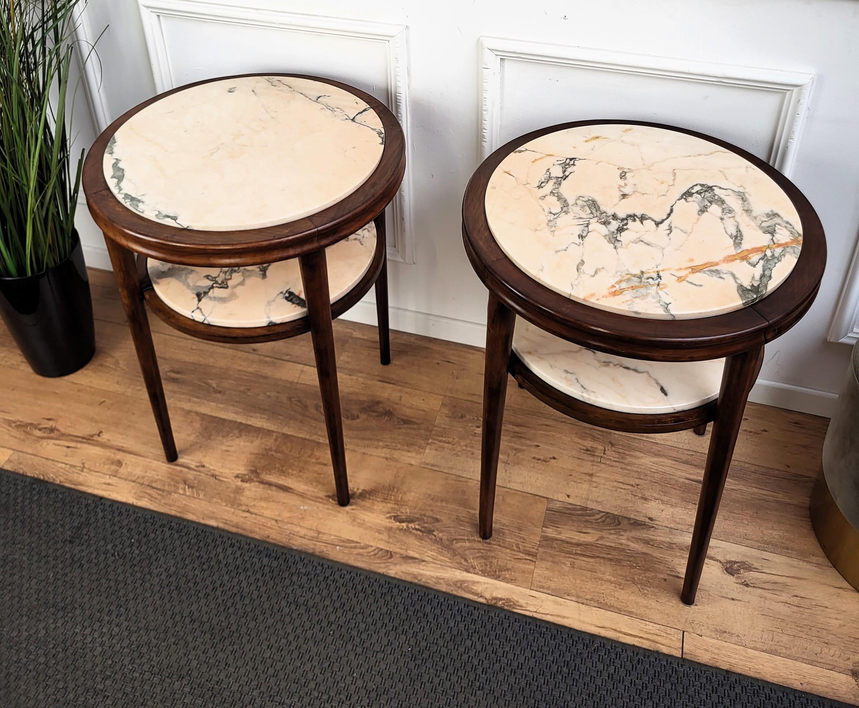 Pair of Italian Art Deco Sofa Side End Tables in Walnut Woold and Marble For Sale 1