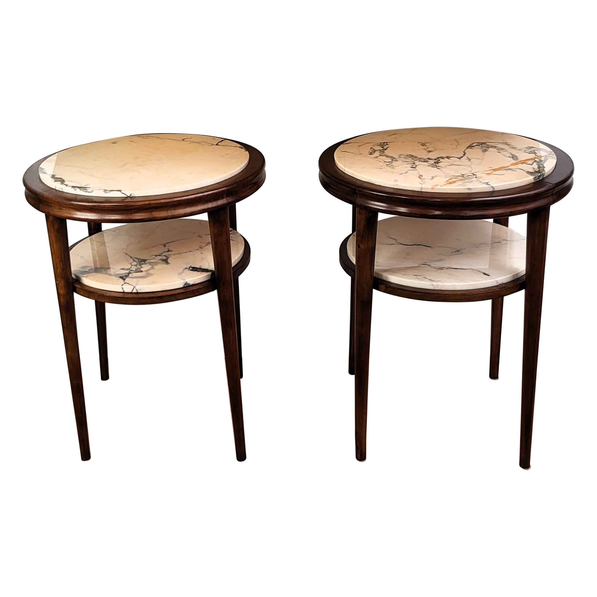Coppia di tavolini da salotto Art Deco in legno di noce e marmo