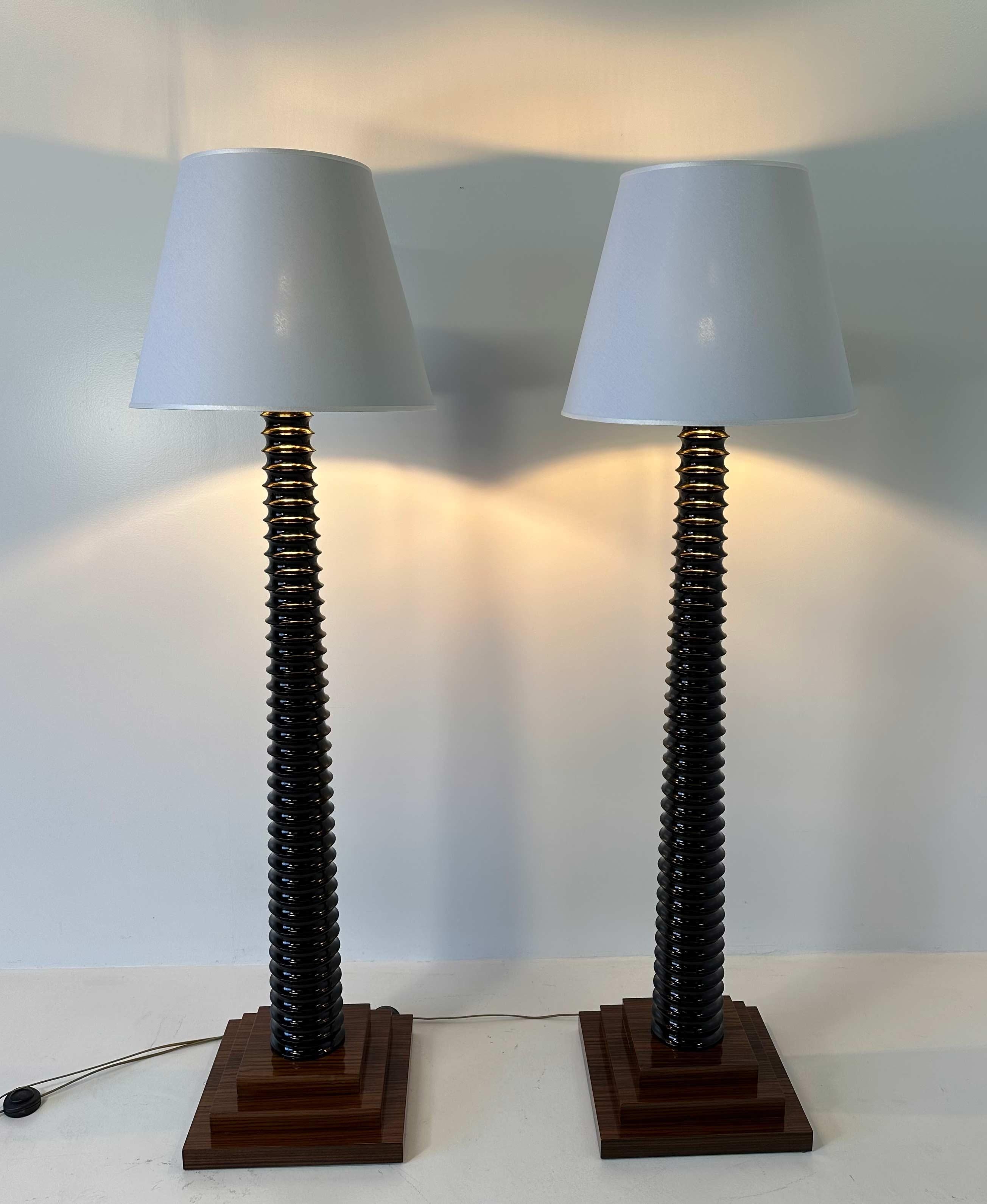 Pair of Italian Art Deco Style Black Lacquered Wood, White and Gold Floor Lamps For Sale 1