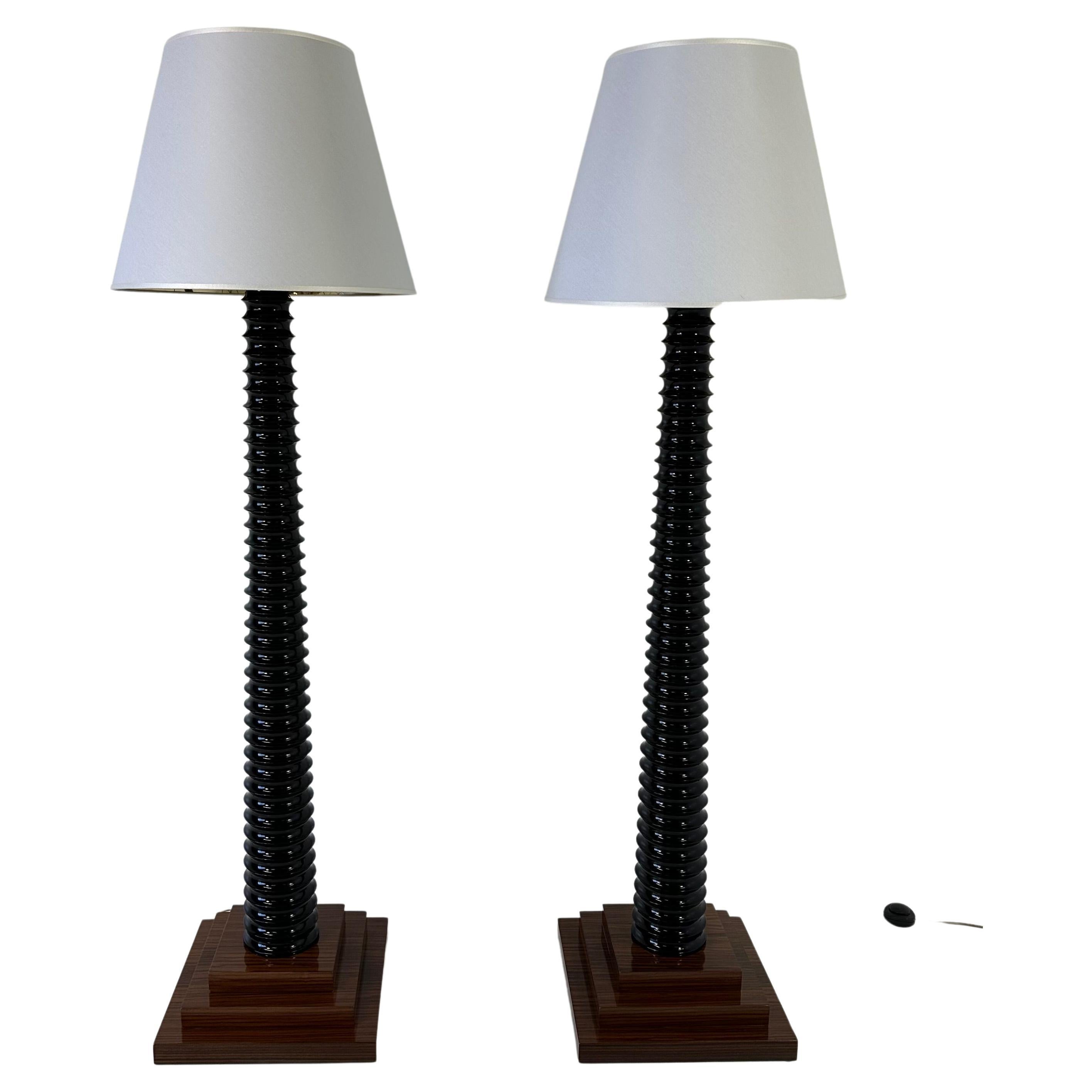 Pair of Italian Art Deco Style Black Lacquered Wood, White and Gold Floor Lamps For Sale