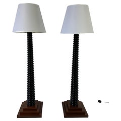 Pair of Italian Art Deco Style Black Lacquered Wood, White and Gold Floor Lamps