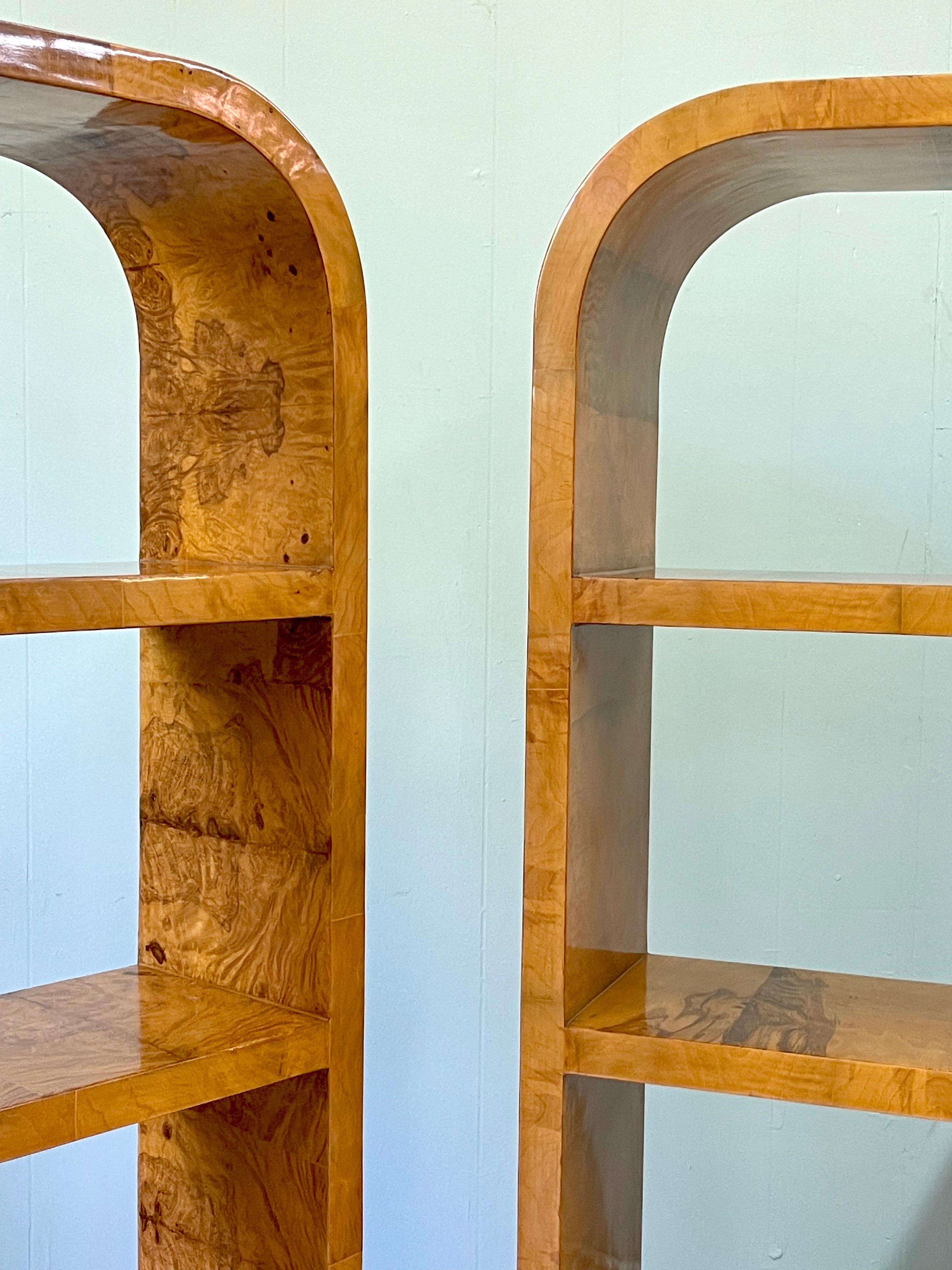 Pair of Italian Art Deco Style Burl Wood Arched Bookcases 1