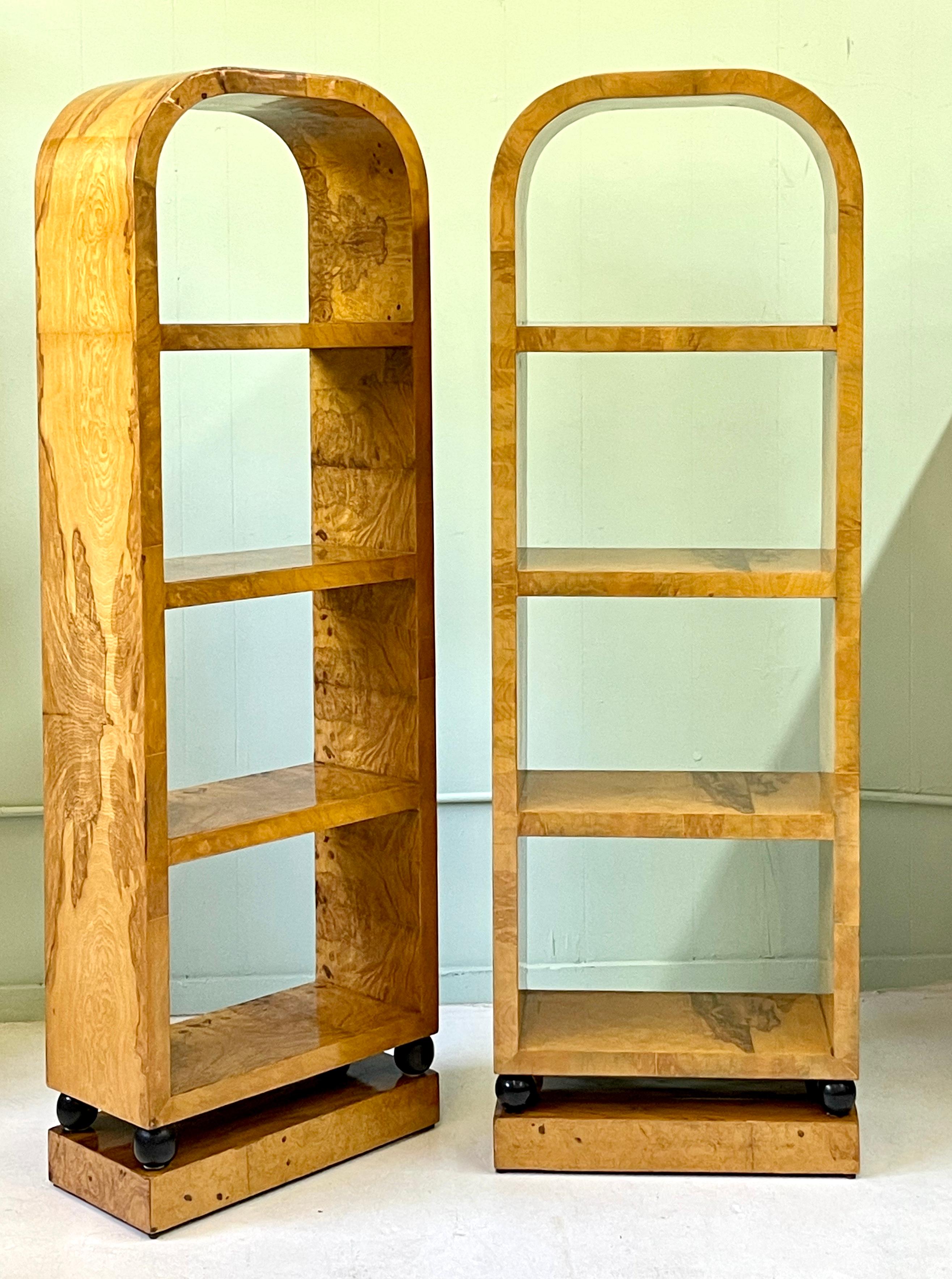 Pair of Italian Art Deco Style Burl Wood Arched Bookcases 6