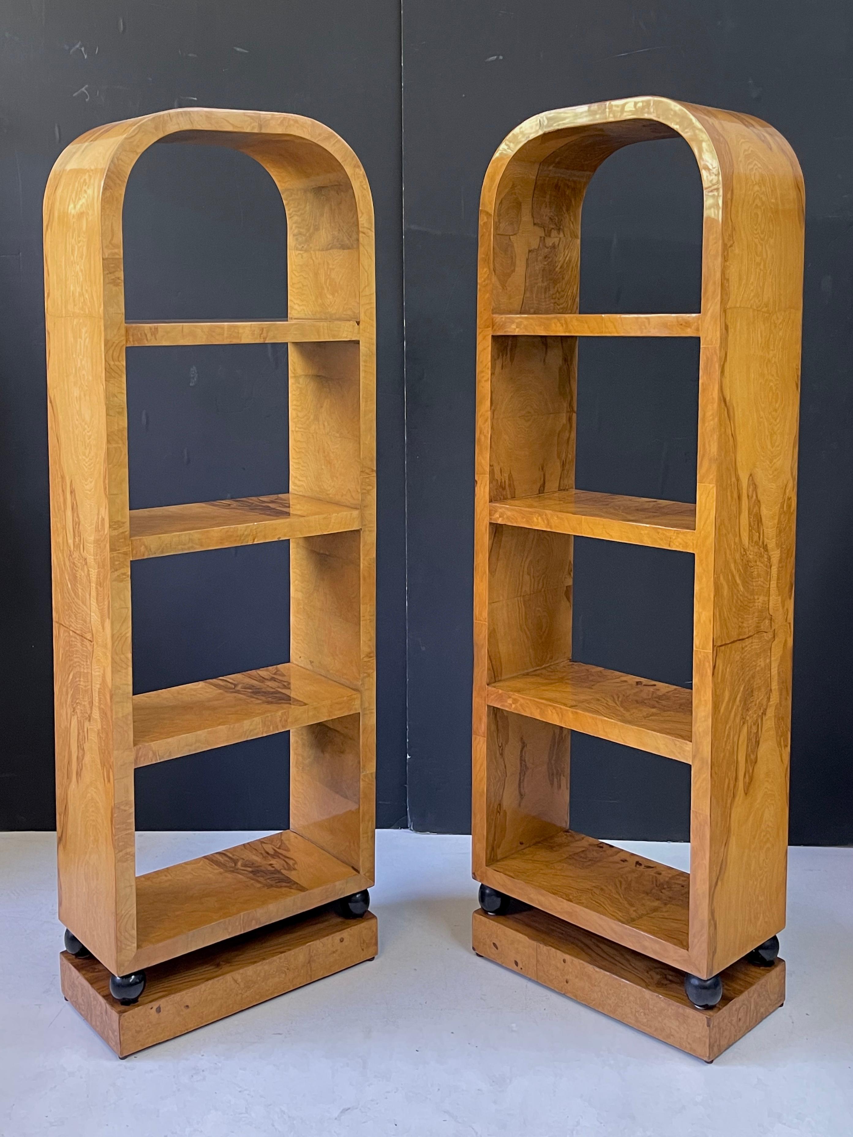 Pair of Italian Art Deco Style Burl Wood Arched Bookcases 8
