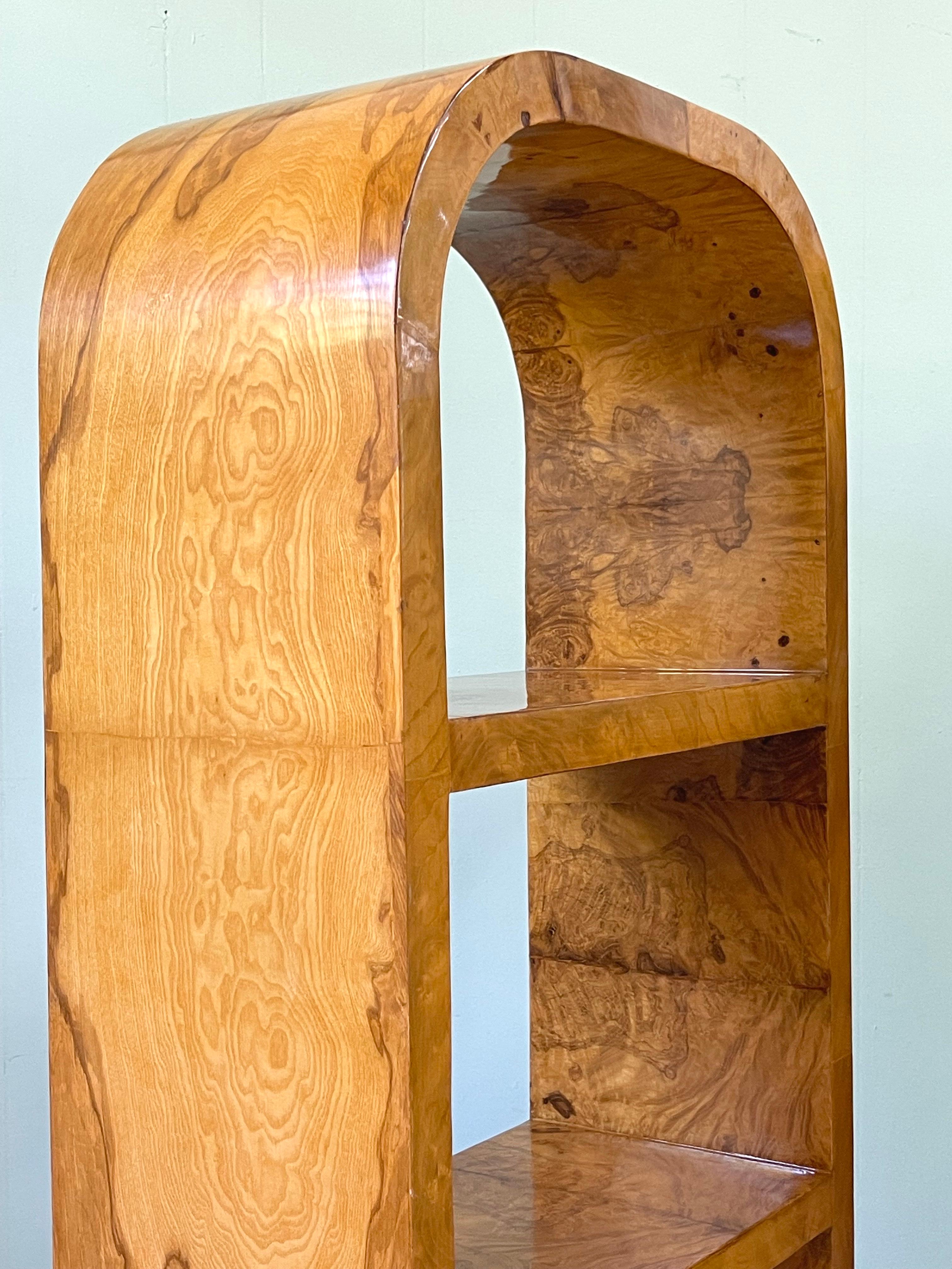 Ebonized Pair of Italian Art Deco Style Burl Wood Arched Bookcases