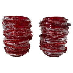 Pair of Italian Art Deco Style Cherry Red and Transparent Murano Glass Vases 