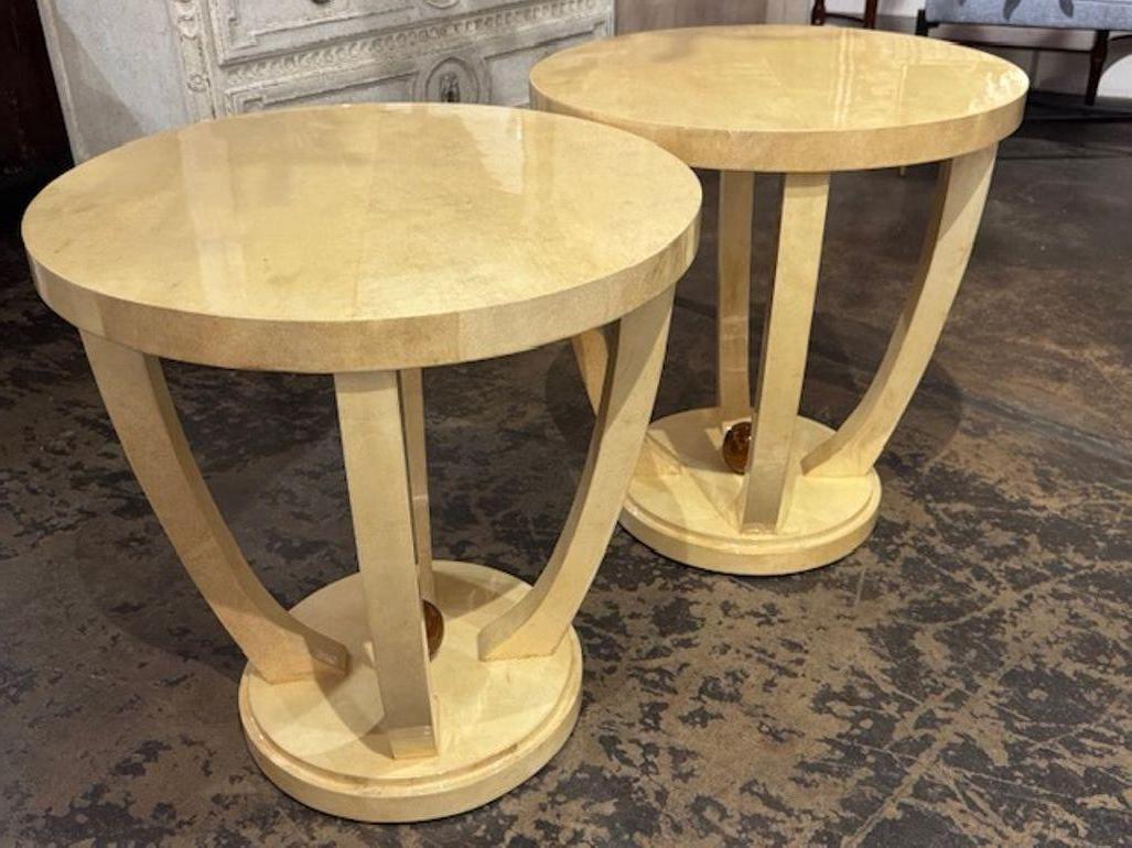 Pair of Italian Art Deco Style Creme Colored Lacquered Parchment Tables In Good Condition For Sale In Dallas, TX