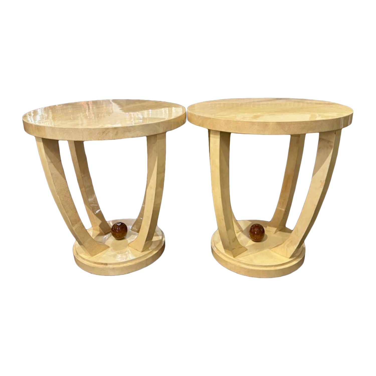 Pair of Italian Art Deco Style Creme Colored Lacquered Parchment Tables For Sale