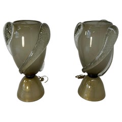 Pair of Italian Art Deco style Grey and Gold Leaf Murano Glass Vase Lamps 