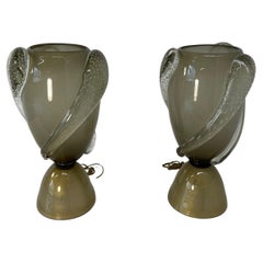 Pair of Italian Art Deco style Grey and Gold Leaf Murano Glass Vase Lamps
