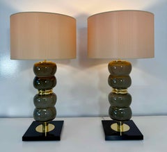 Pair of Italian Art Deco Style Grey Murano Glass Table Lamps
