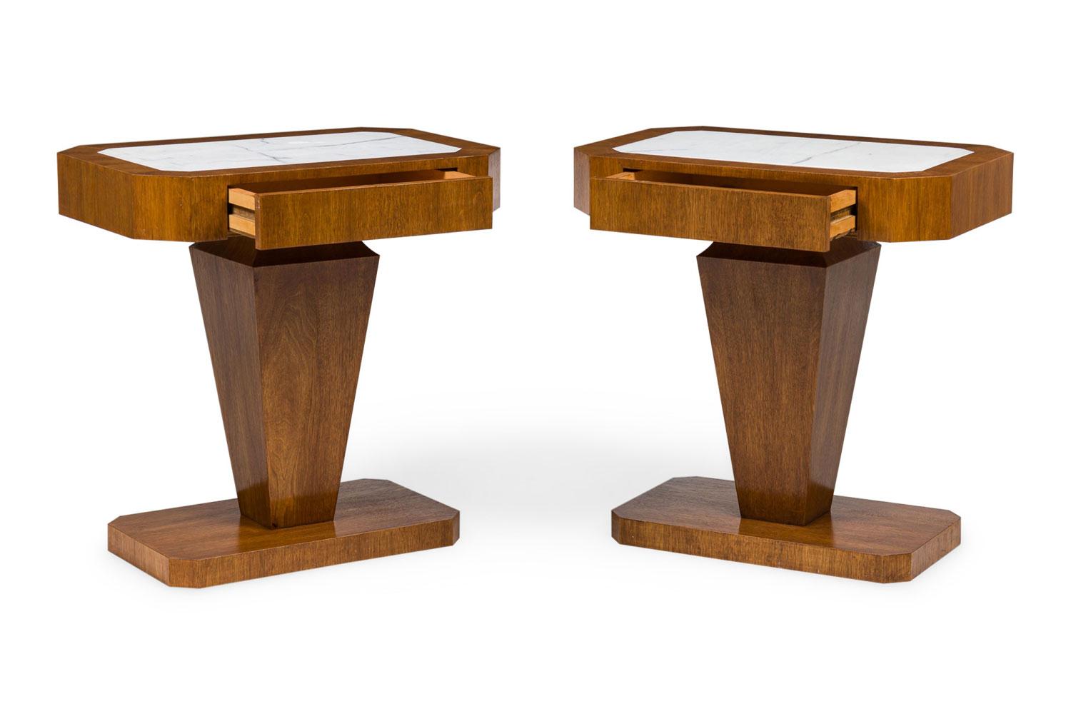 Marbre Pair of Italian Art Deco Style Single Drawer Marble Top End Tables en vente