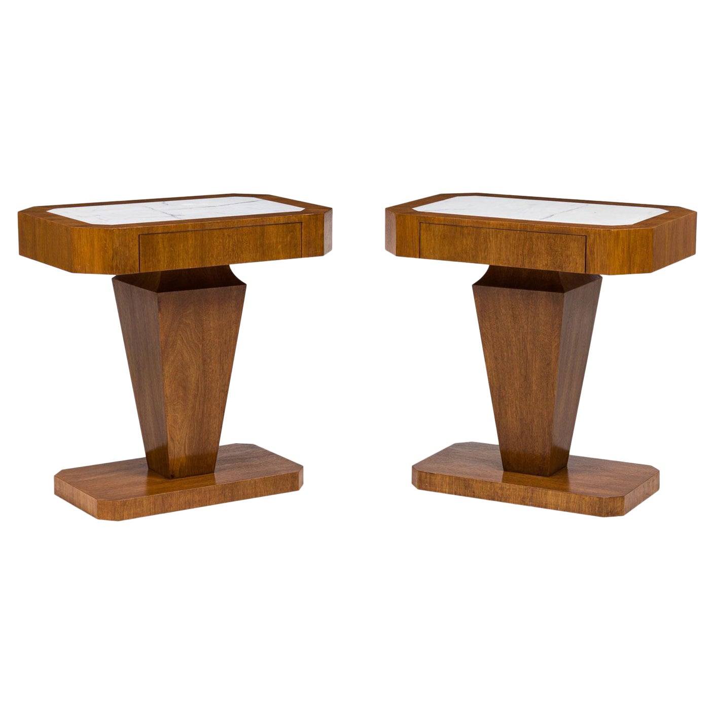 Pair of Italian Art Deco Style Single Drawer Marble Top End Tables en vente