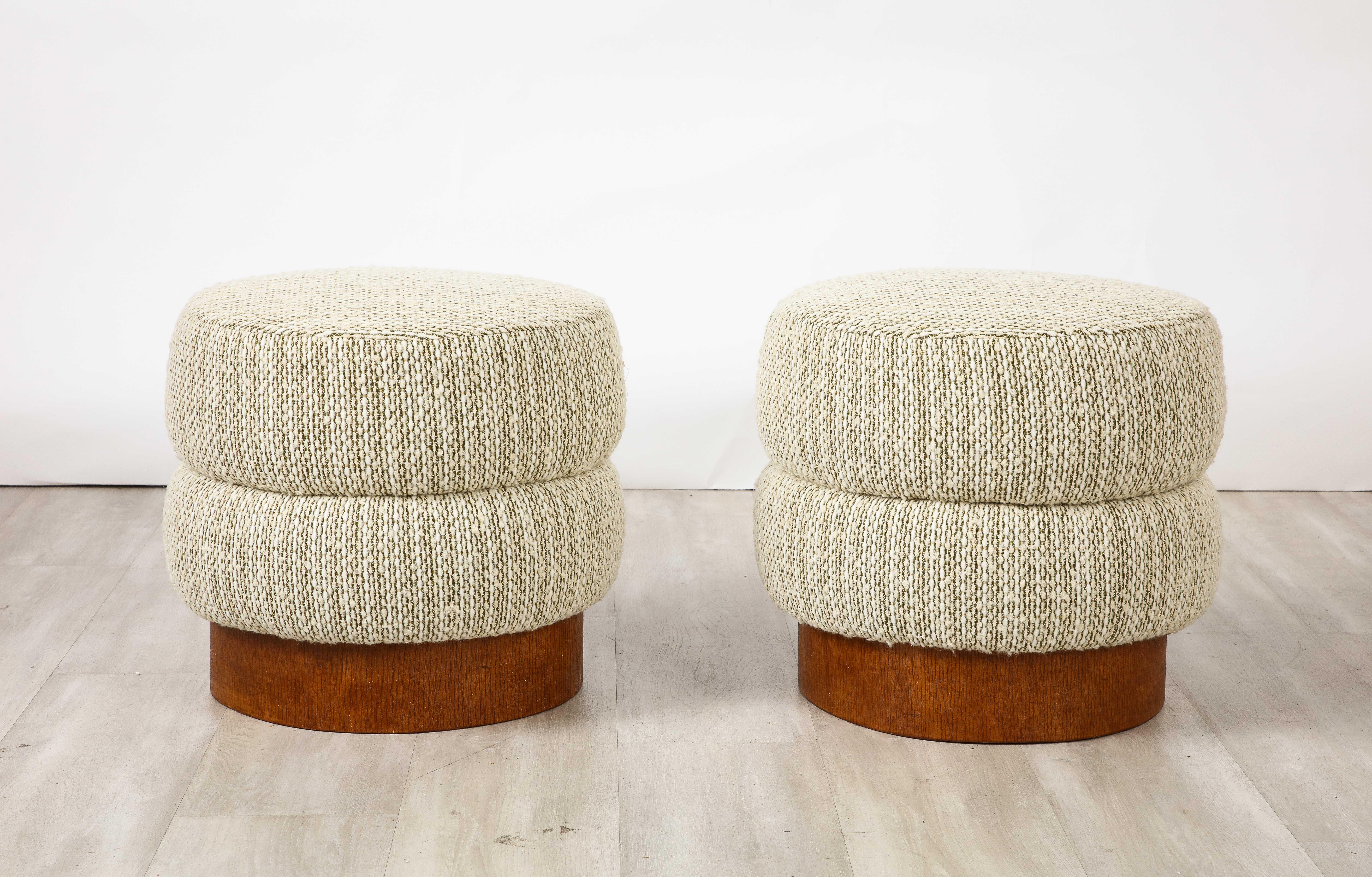 Pair of Italian Art Deco Upholstered Circular Wood Stools, circa 1940  In Good Condition In New York, NY