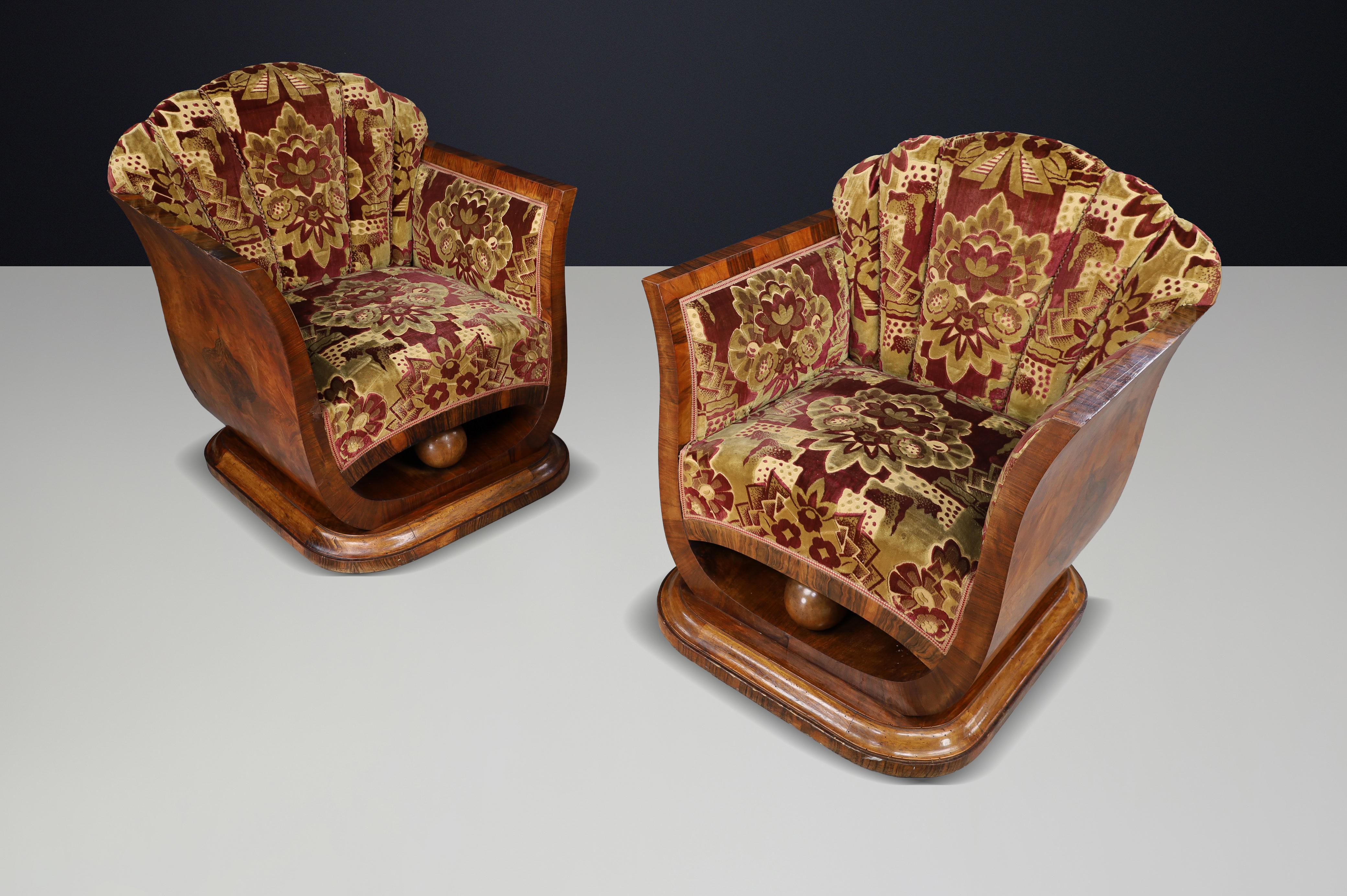 Paar italienische Art-Deco-Sessel aus Nussbaummaser mit Original-Samt, Neapel im Angebot 3