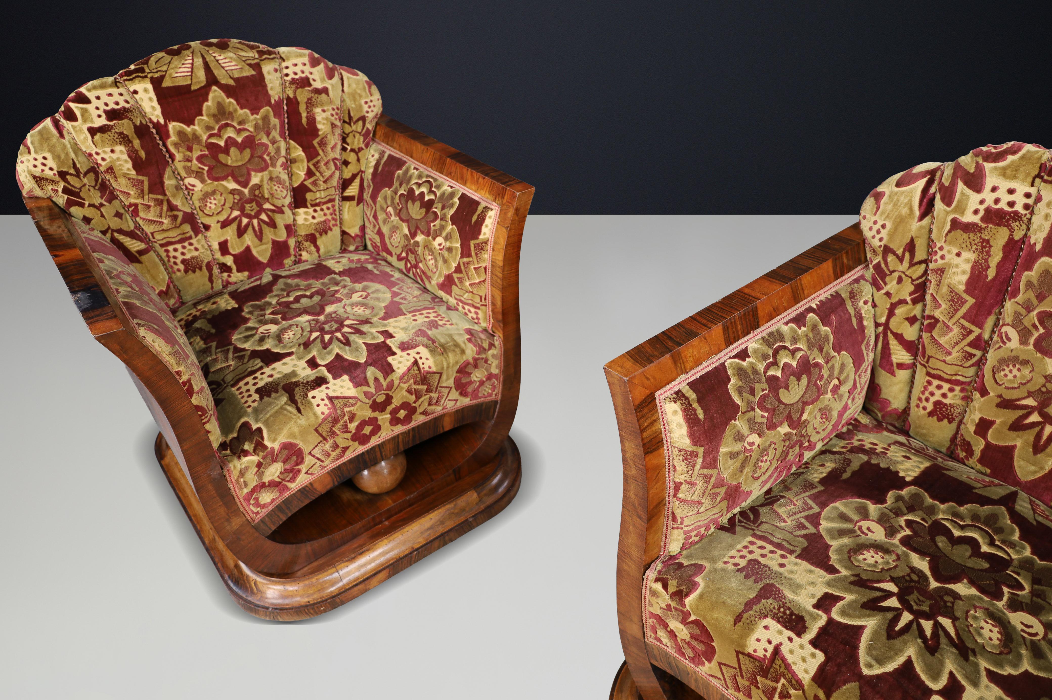 Paar italienische Art-Deco-Sessel aus Nussbaummaser mit Original-Samt, Neapel im Angebot 4