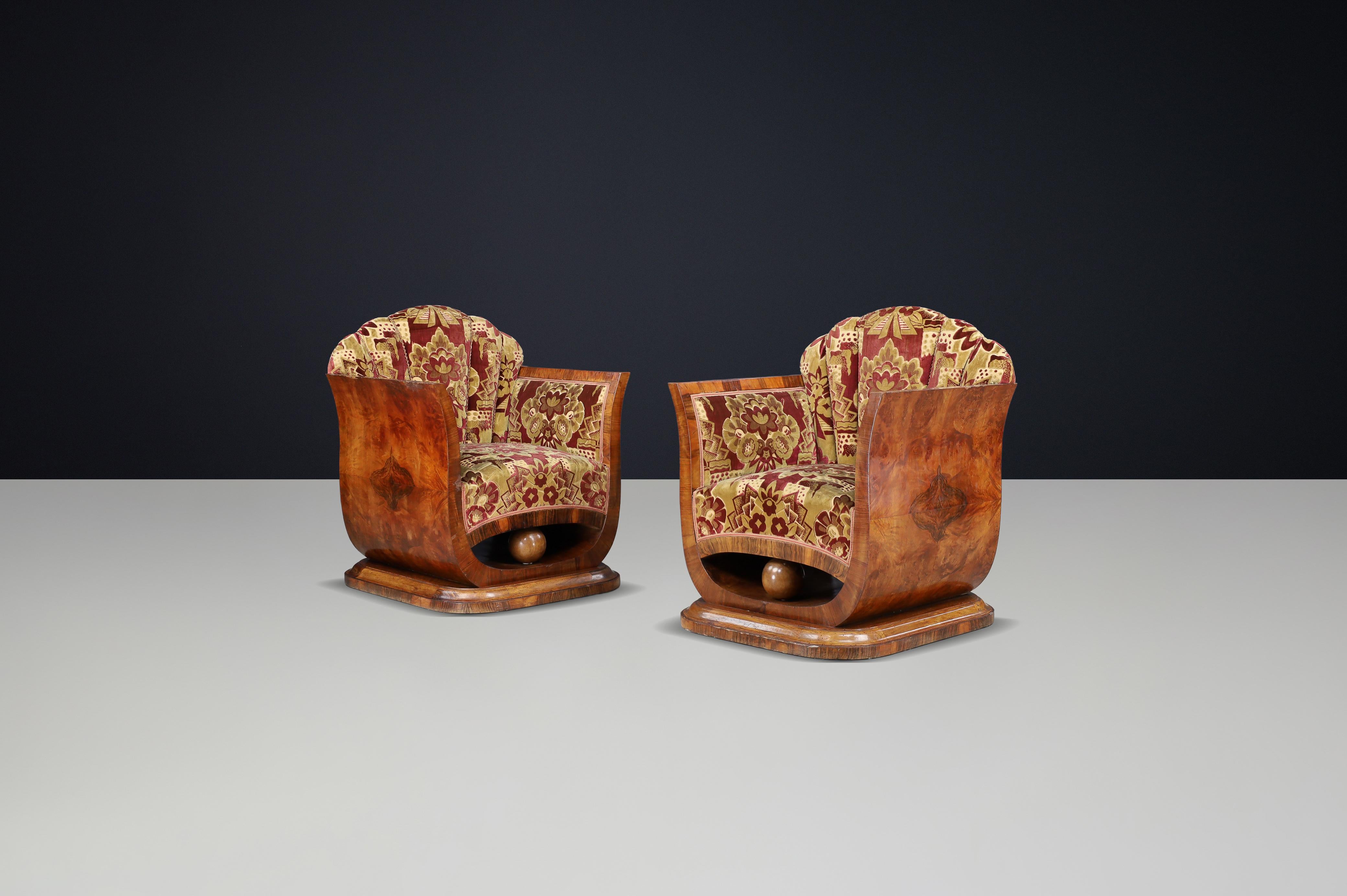 Paar italienische Art-Deco-Sessel aus Nussbaummaser mit Original-Samt, Neapel im Angebot 5