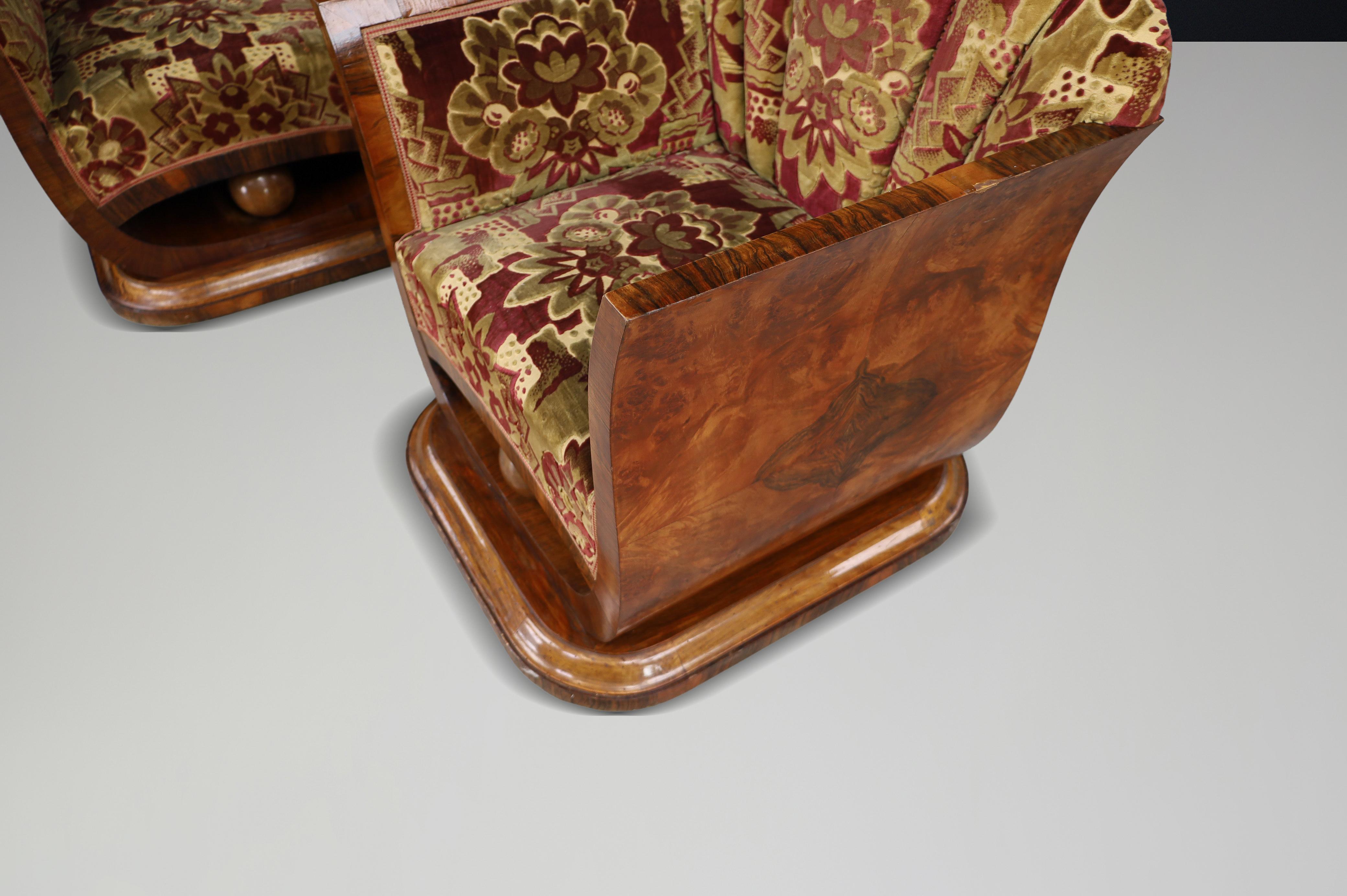 Paar italienische Art-Deco-Sessel aus Nussbaummaser mit Original-Samt, Neapel im Angebot 6