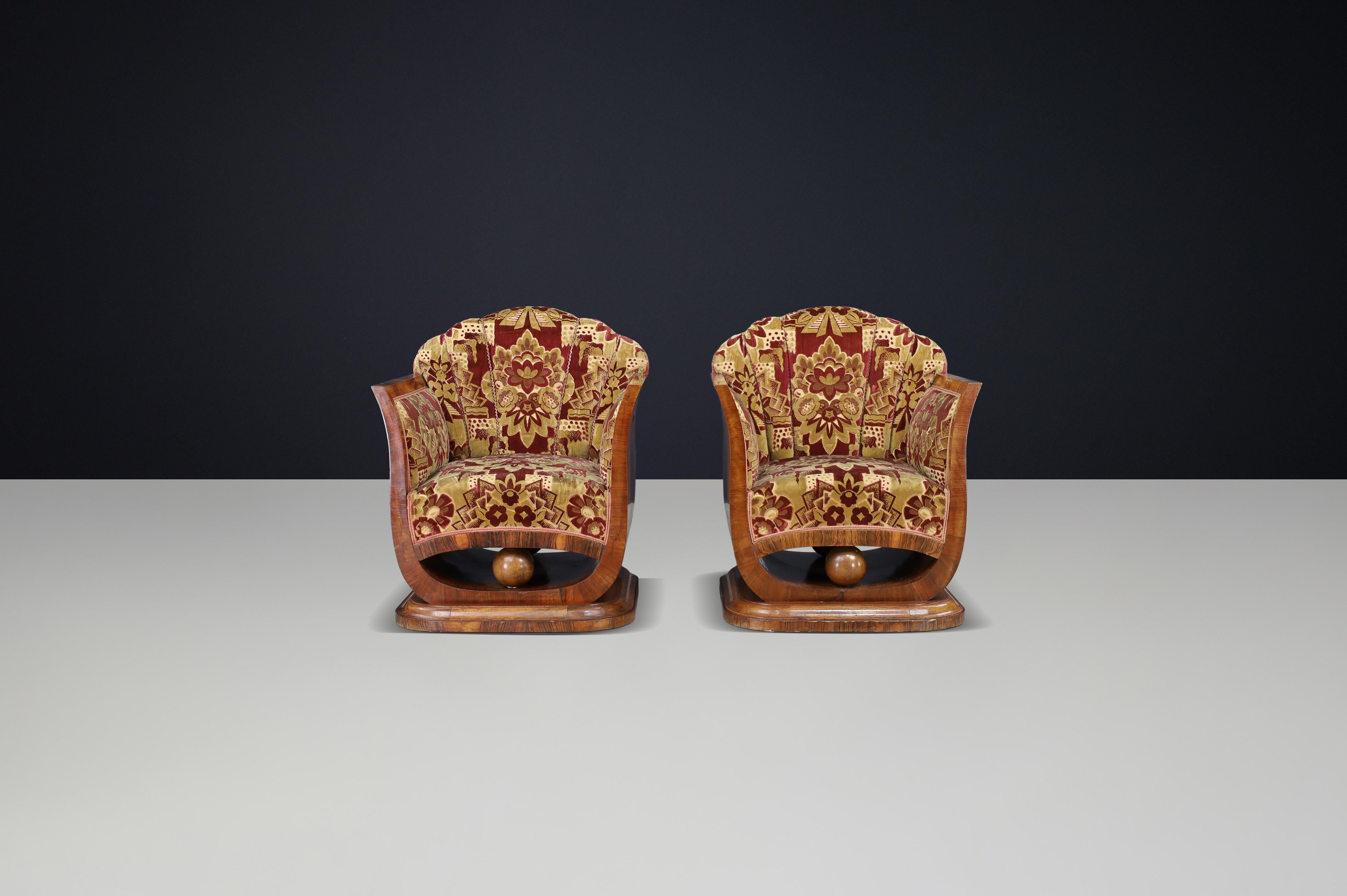 Paar italienische Art-Deco-Sessel aus Nussbaummaser mit Original-Samt, Neapel im Angebot 7