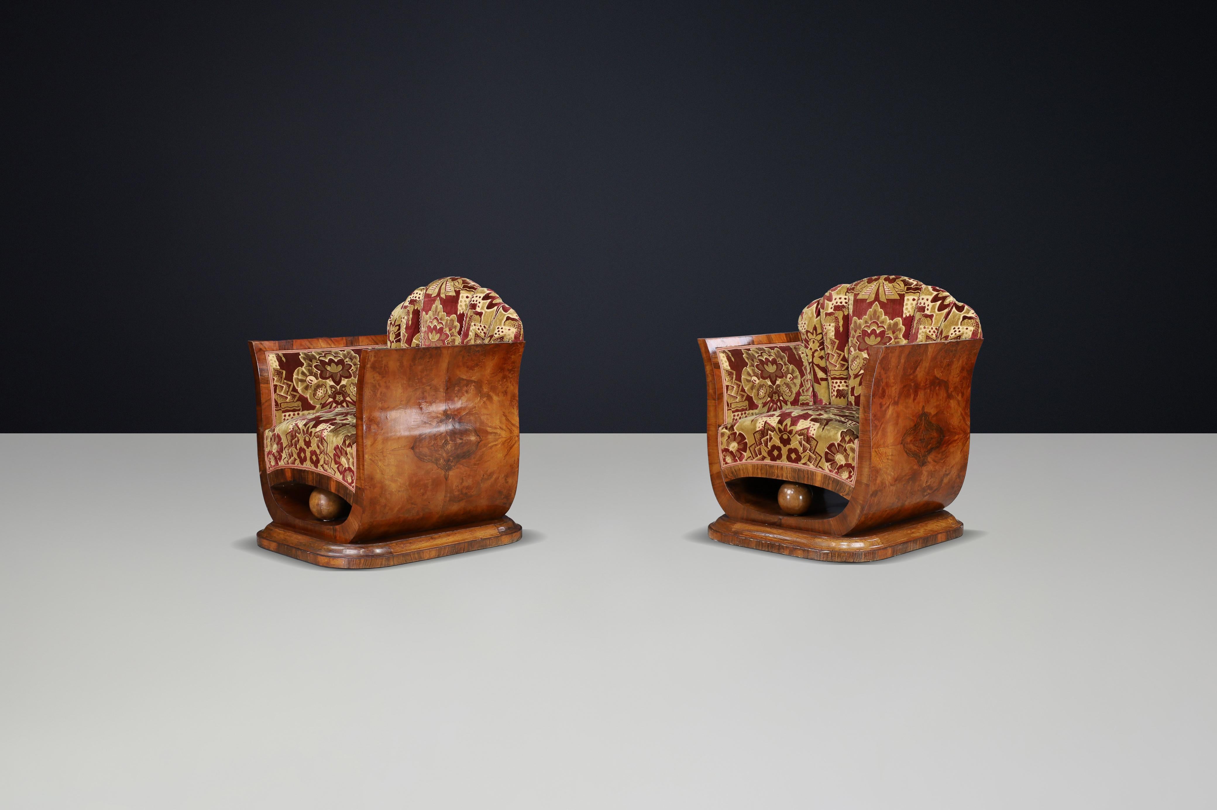 Paar italienische Art-Deco-Sessel aus Nussbaummaser mit Original-Samt, Neapel im Angebot 8