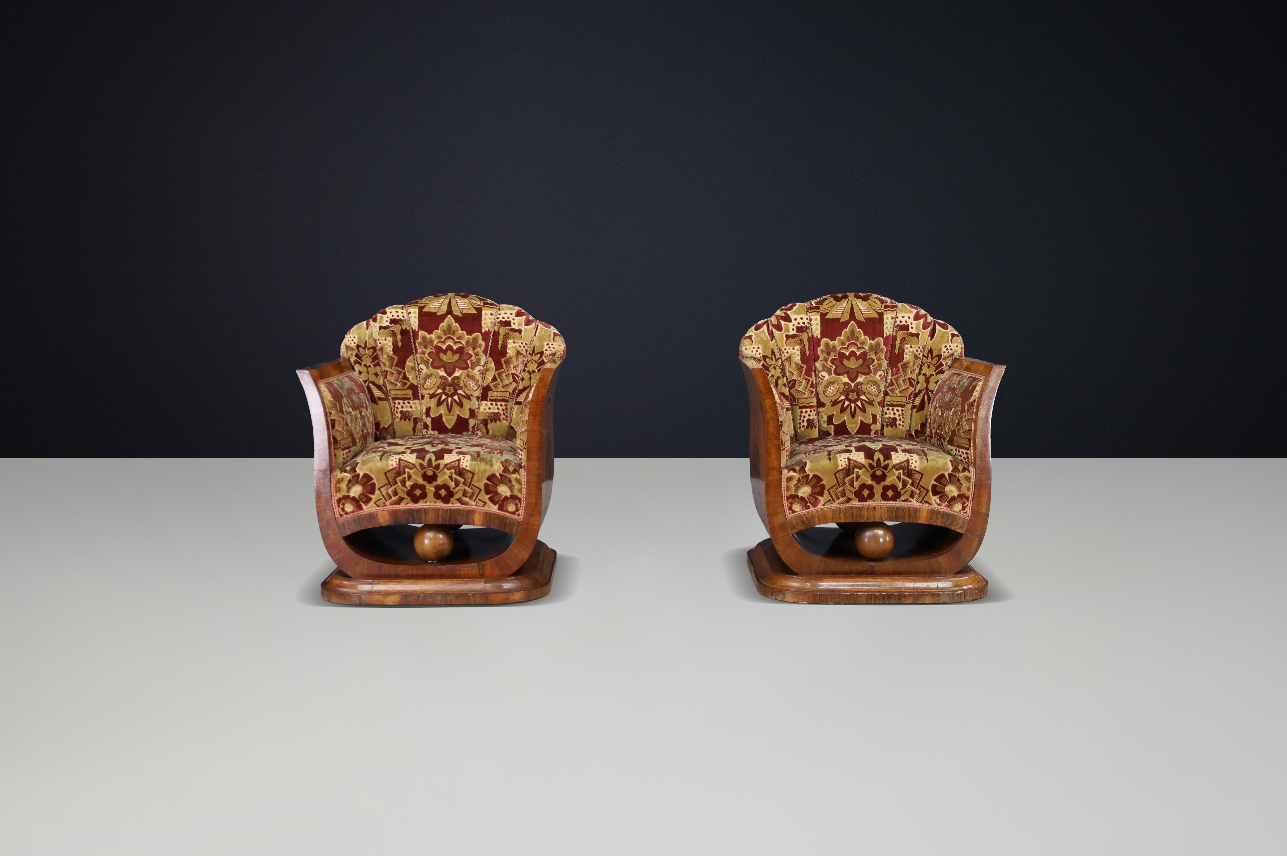 Paar italienische Art-Deco-Sessel aus Nussbaummaser mit Original-Samt, Neapel im Angebot 9