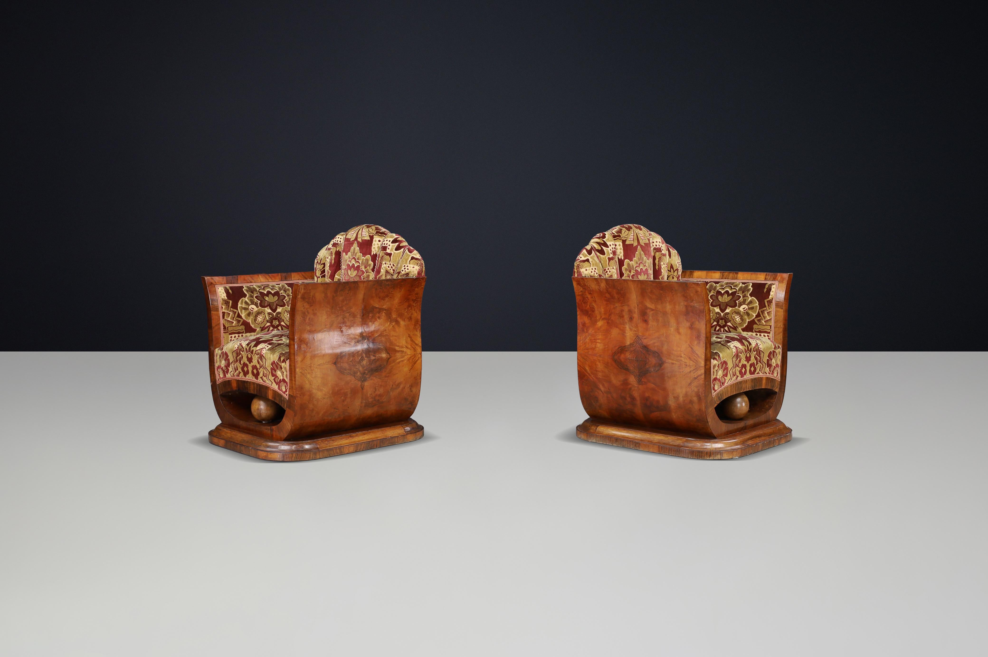 Paar italienische Art-Deco-Sessel aus Nussbaummaser mit Original-Samt, Neapel (Art déco) im Angebot