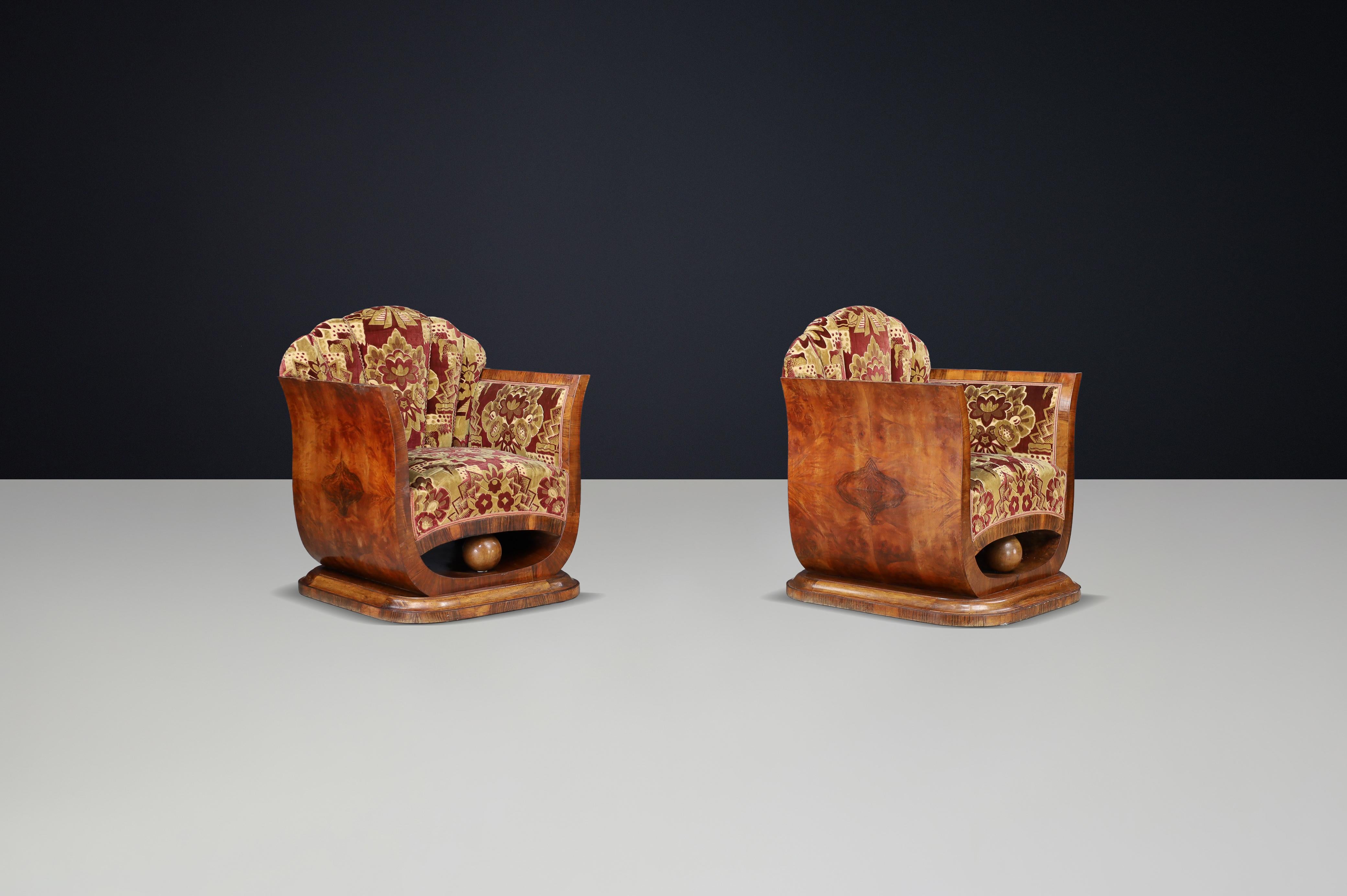 Paar italienische Art-Deco-Sessel aus Nussbaummaser mit Original-Samt, Neapel (Italienisch) im Angebot