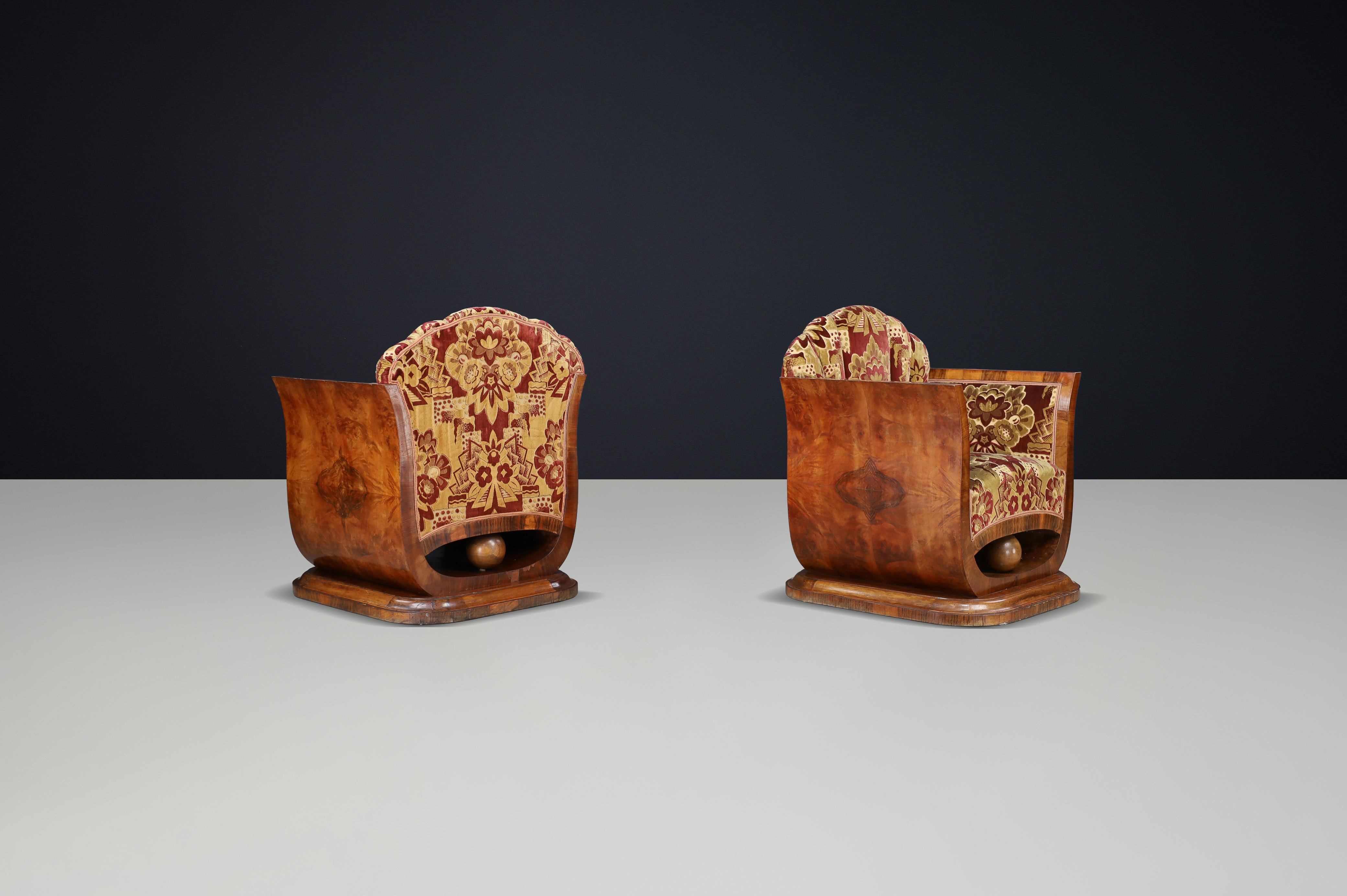 Paar italienische Art-Deco-Sessel aus Nussbaummaser mit Original-Samt, Neapel im Zustand „Gut“ im Angebot in Almelo, NL