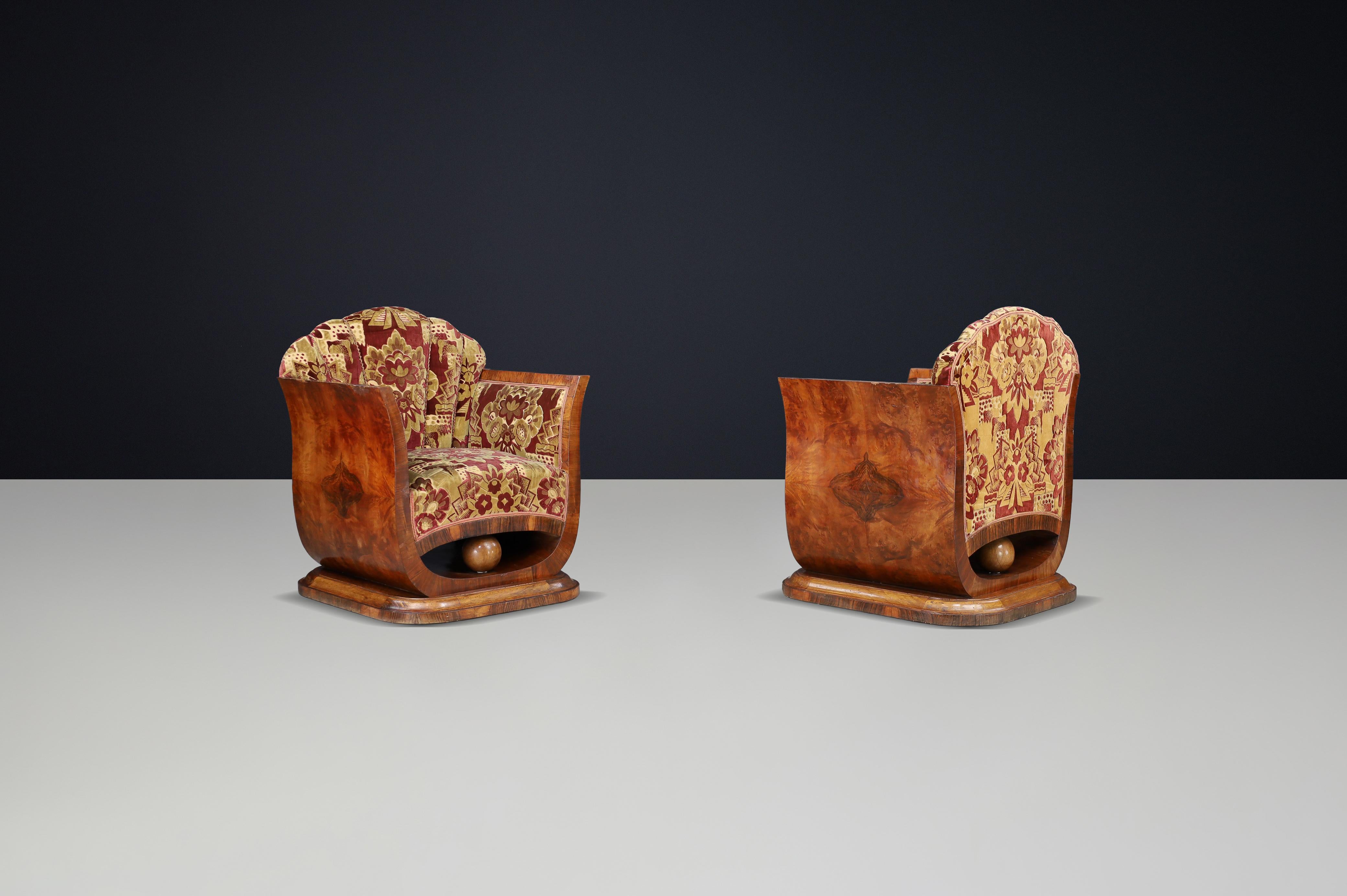 Paar italienische Art-Deco-Sessel aus Nussbaummaser mit Original-Samt, Neapel (Polster) im Angebot