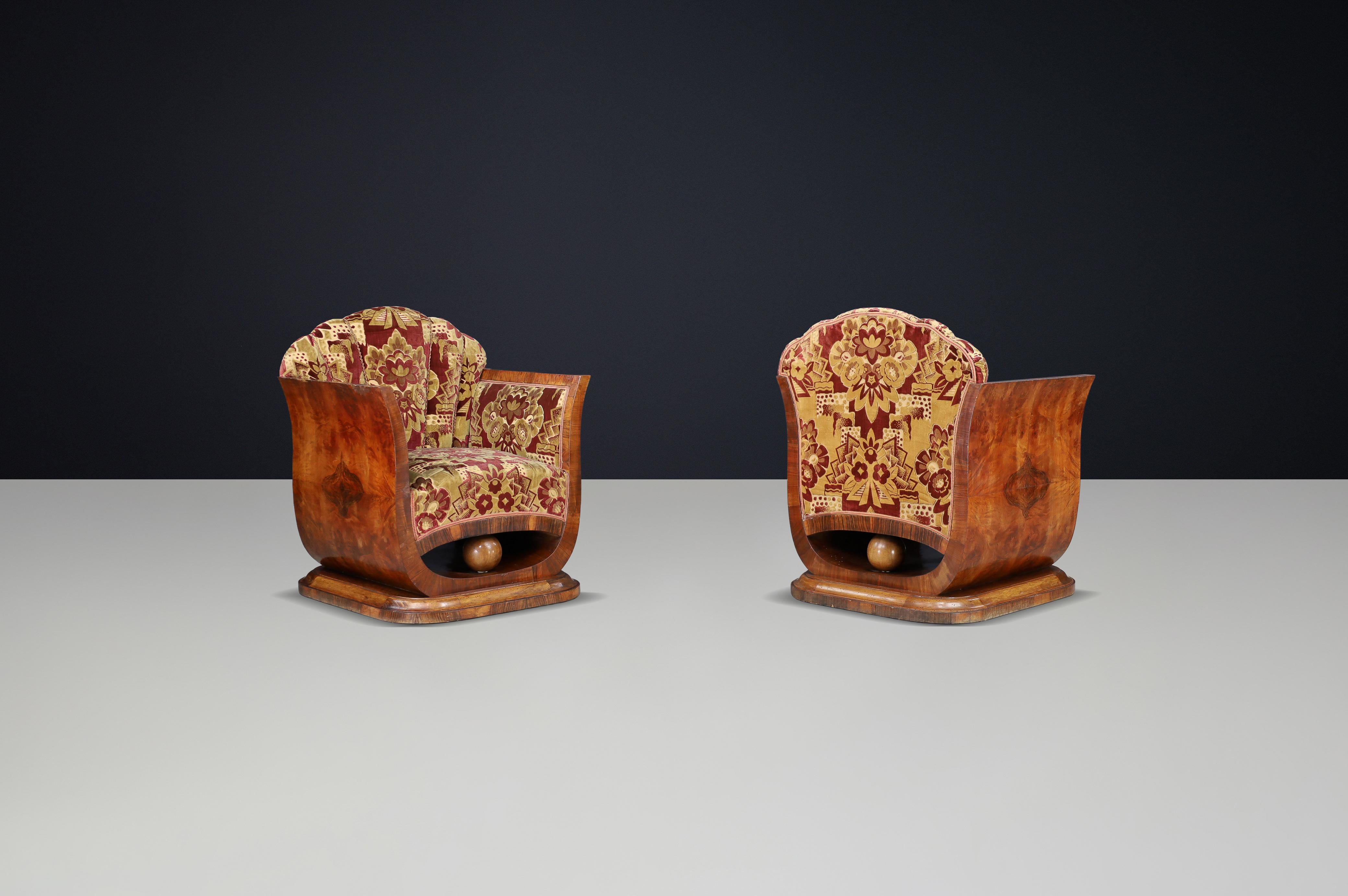 Paar italienische Art-Deco-Sessel aus Nussbaummaser mit Original-Samt, Neapel im Angebot 1