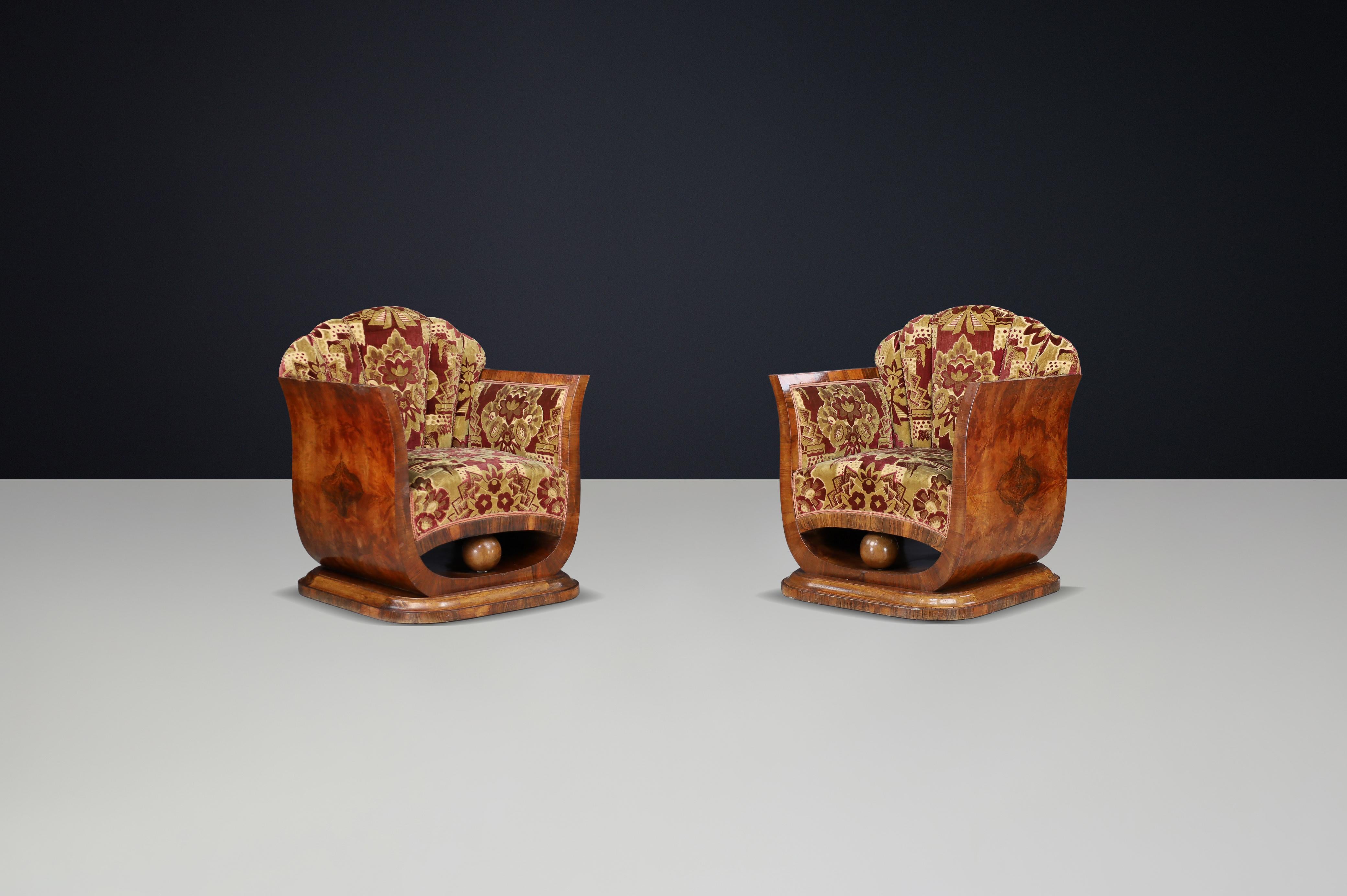 Paar italienische Art-Deco-Sessel aus Nussbaummaser mit Original-Samt, Neapel im Angebot 2