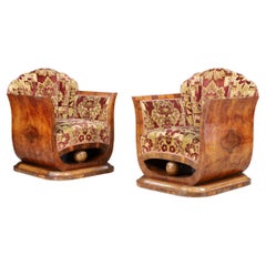 Pair of Italian Art Deco Walnut Burl Lounge Chairs with Original Velvet, Naples